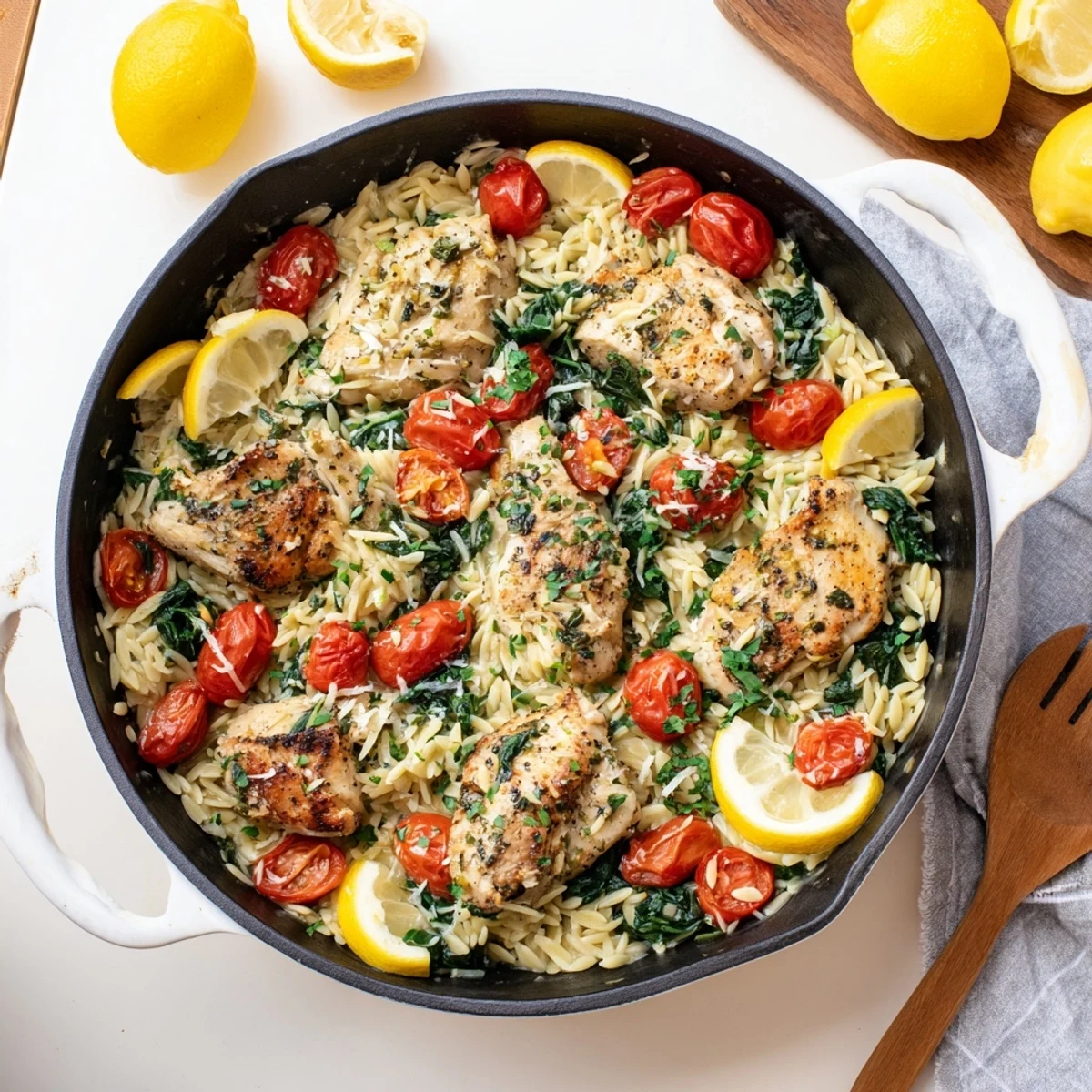 Mediterranean style lemon herb chicken and orzo cooked in one pan with melted Parmesan and parsley