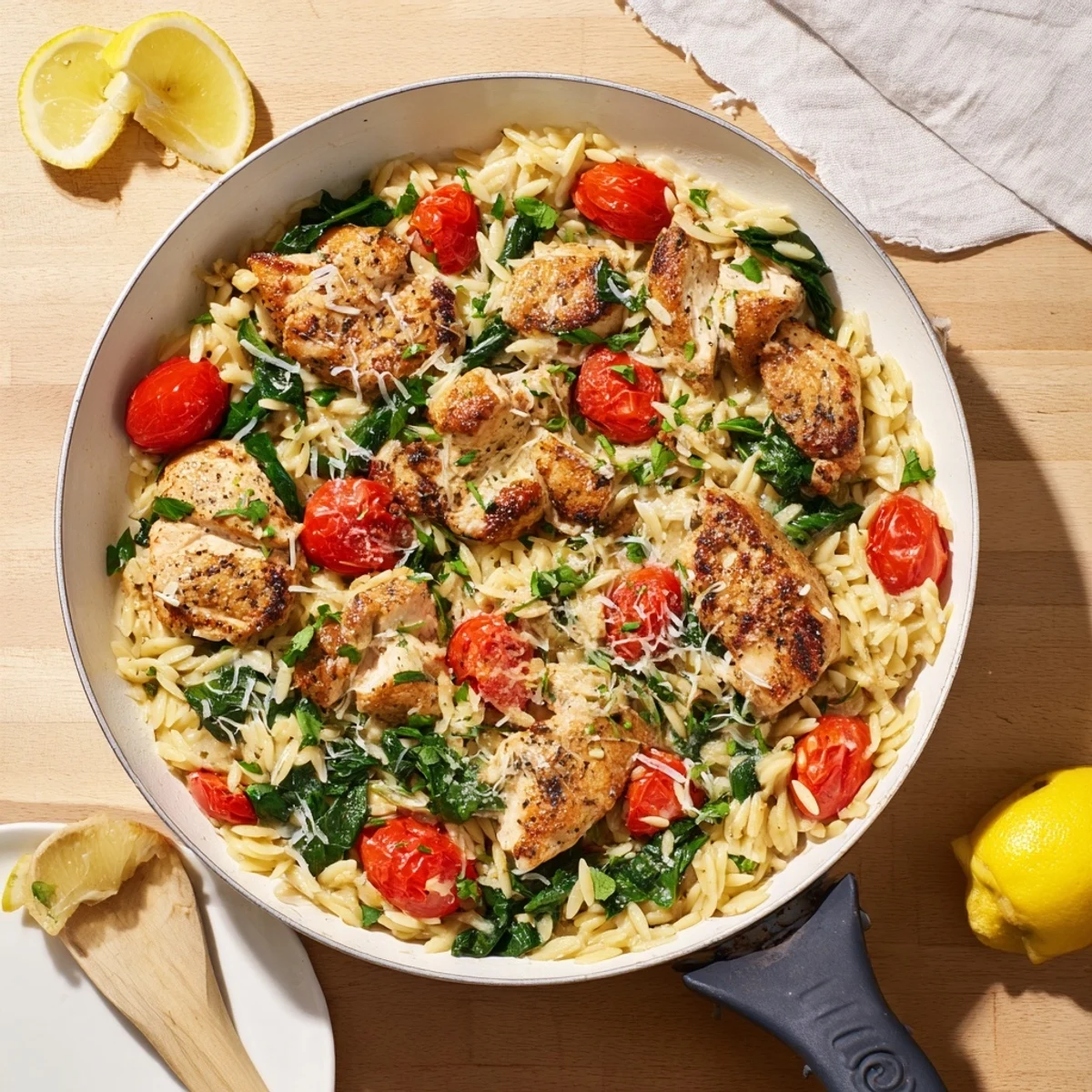 Tender chicken breasts simmered with lemon herb orzo pasta in a skillet topped with fresh garnishes