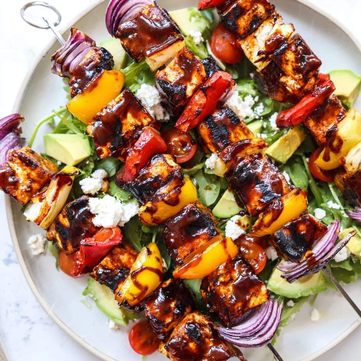 Savory BBQ chicken skewer salad topped with smoky grilled chicken and zesty homemade dressing