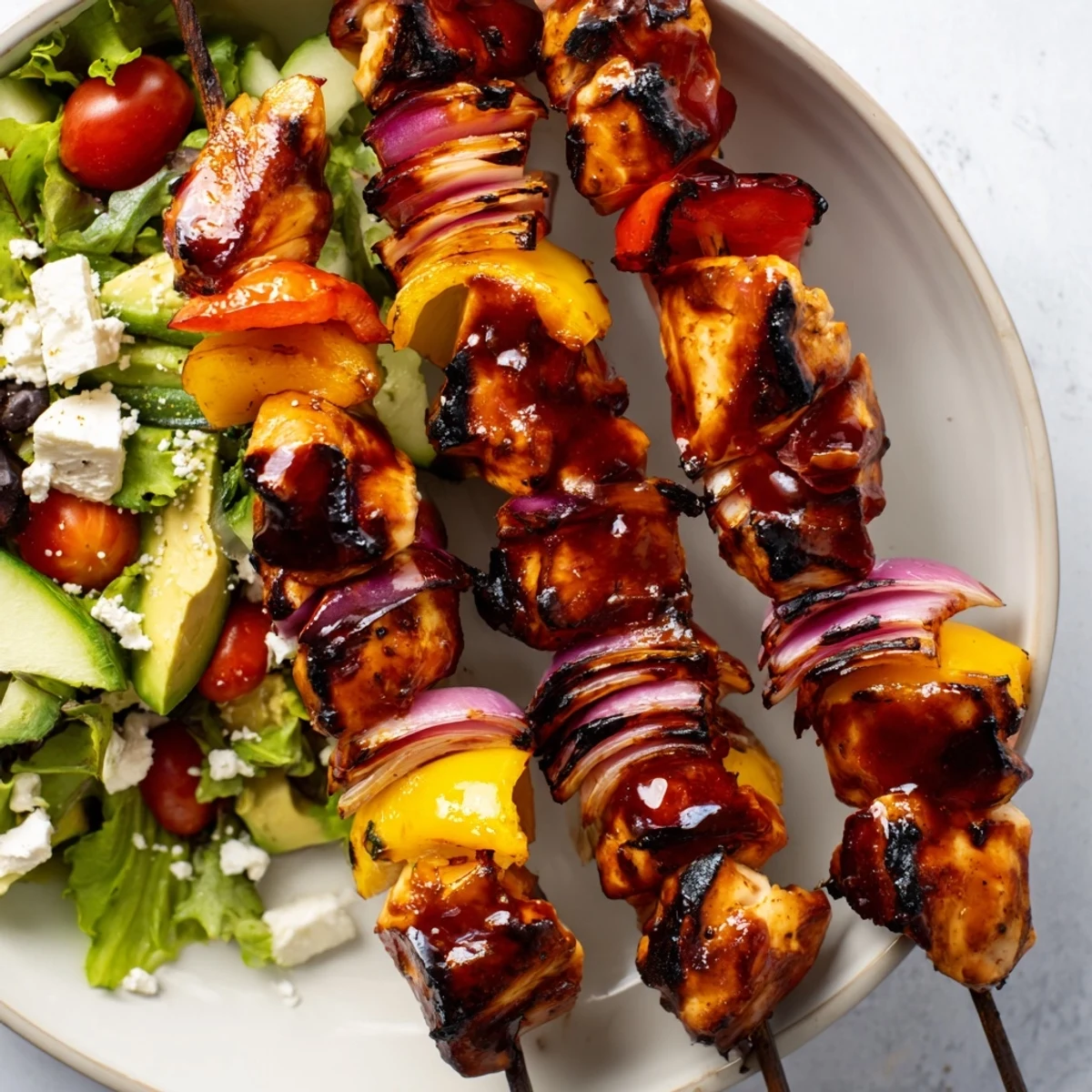 Colorful BBQ chicken skewer salad with grilled chicken peppers and fresh greens on a platter