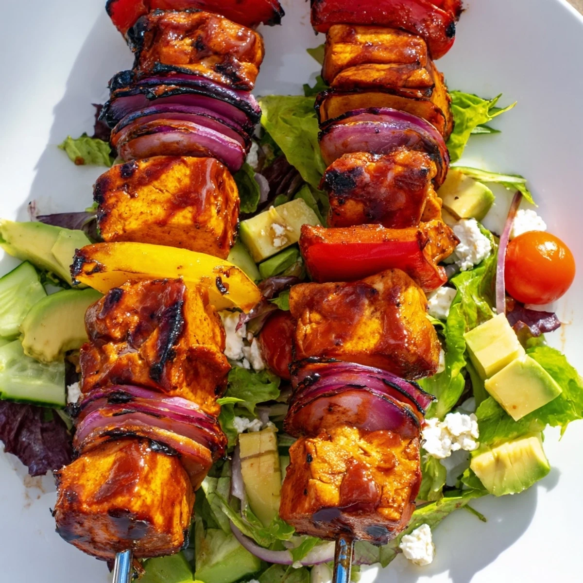Summer BBQ chicken skewer salad featuring charred chicken over mixed greens with avocado feta and vegetables