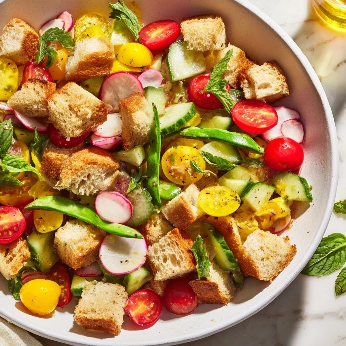 Golden toasted bread cubes tossed with crisp spring vegetables and fresh herbs in a colorful spring panzanella salad bowl