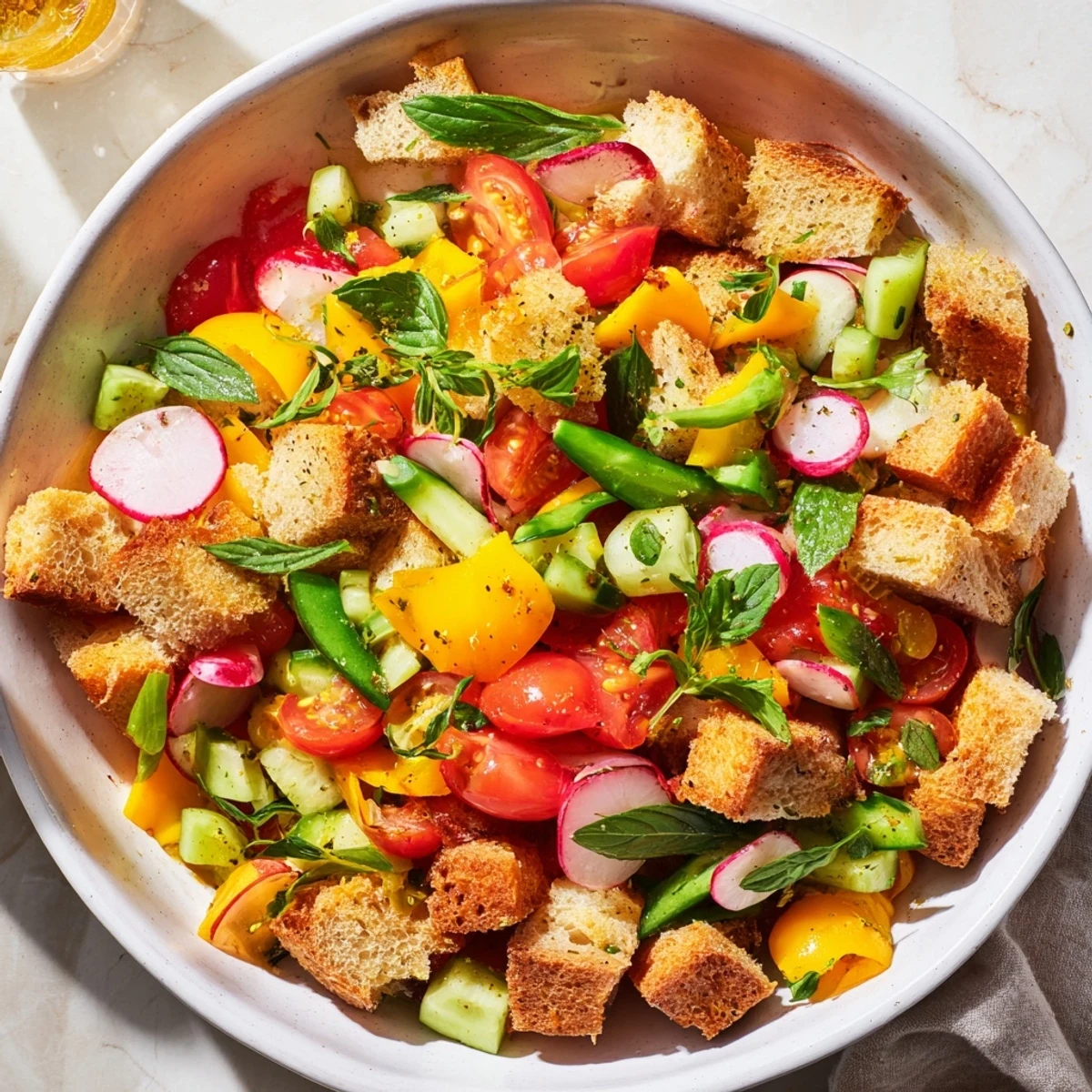 Close-up of irresistible spring panzanella with crusty sourdough croutons absorbing tangy red wine dressing alongside aromatic mint and basil