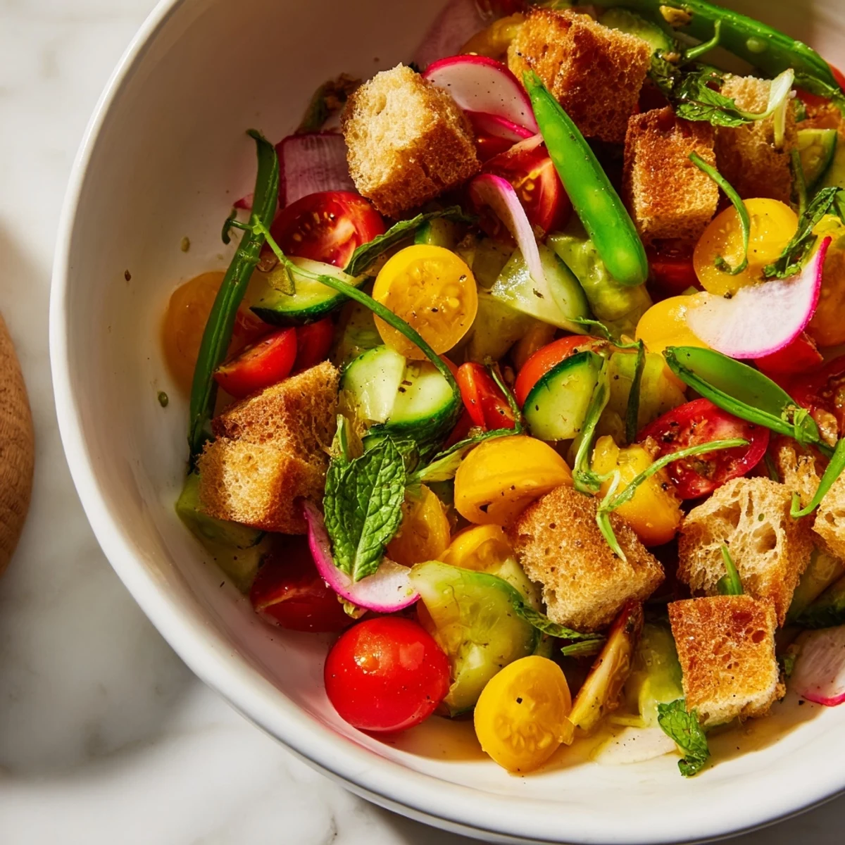 Vibrant Italian bread salad featuring cherry tomatoes cucumber radishes and snap peas dressed in olive oil and vinegar