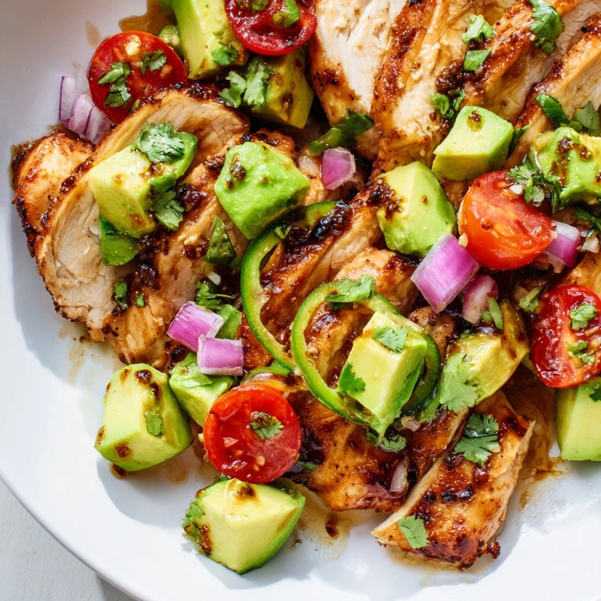 Golden pan-seared chicken breast slices arranged over fresh avocado salad with honey lime dressing