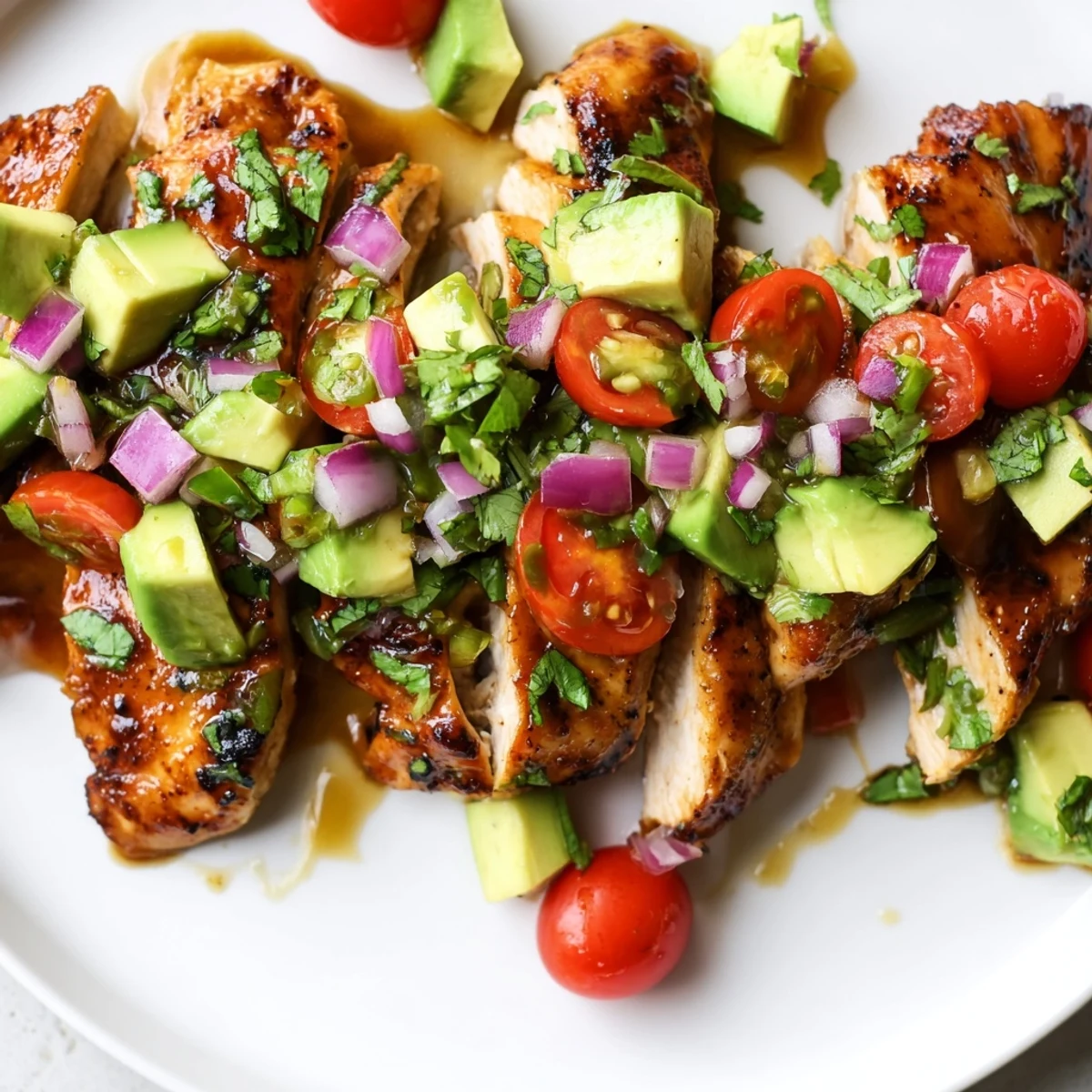 Sliced spiced chicken breast plated with diced avocado and cherry tomatoes in zesty lime glaze