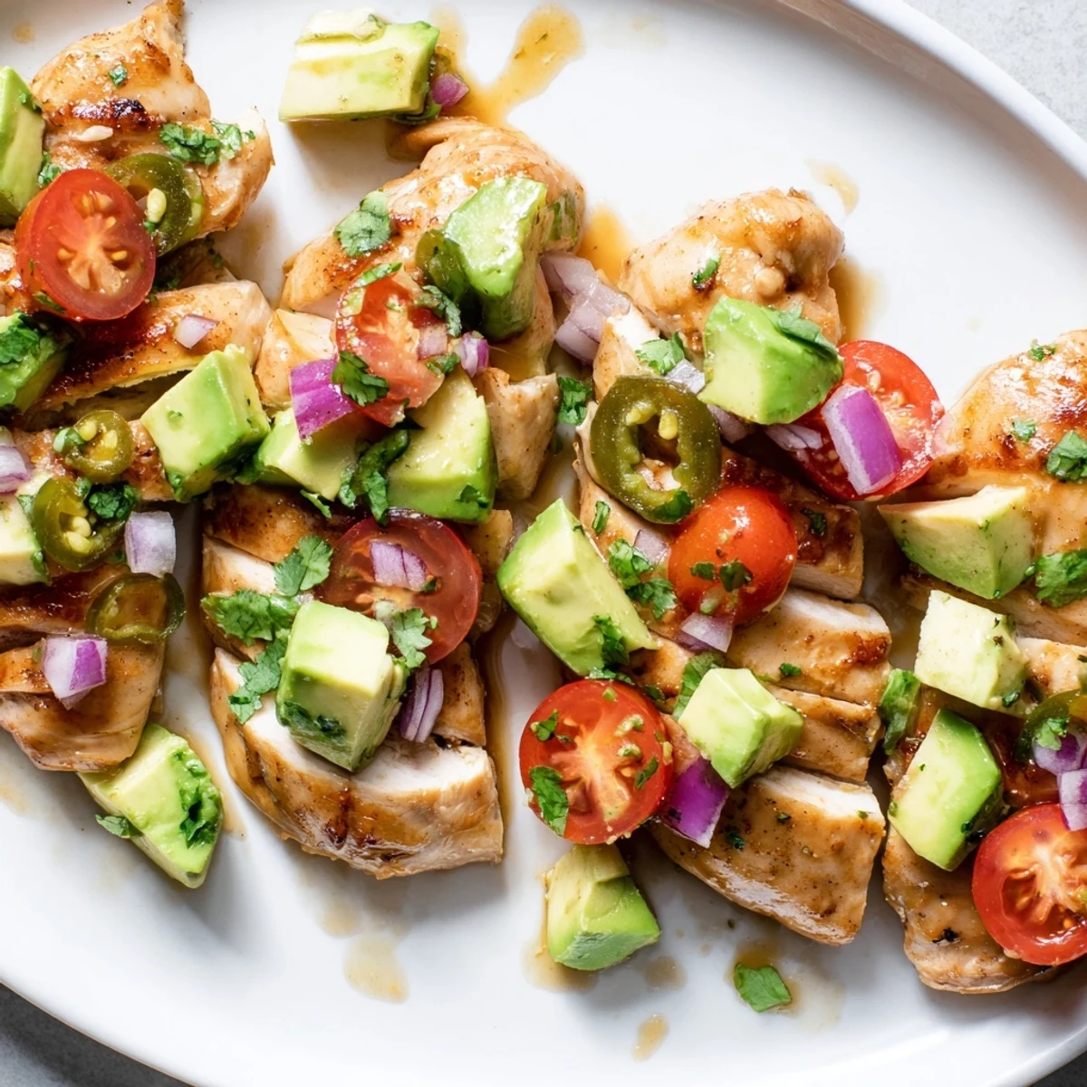 Juicy honey lime chicken served atop creamy avocado and colorful tomato salad with cilantro garnish