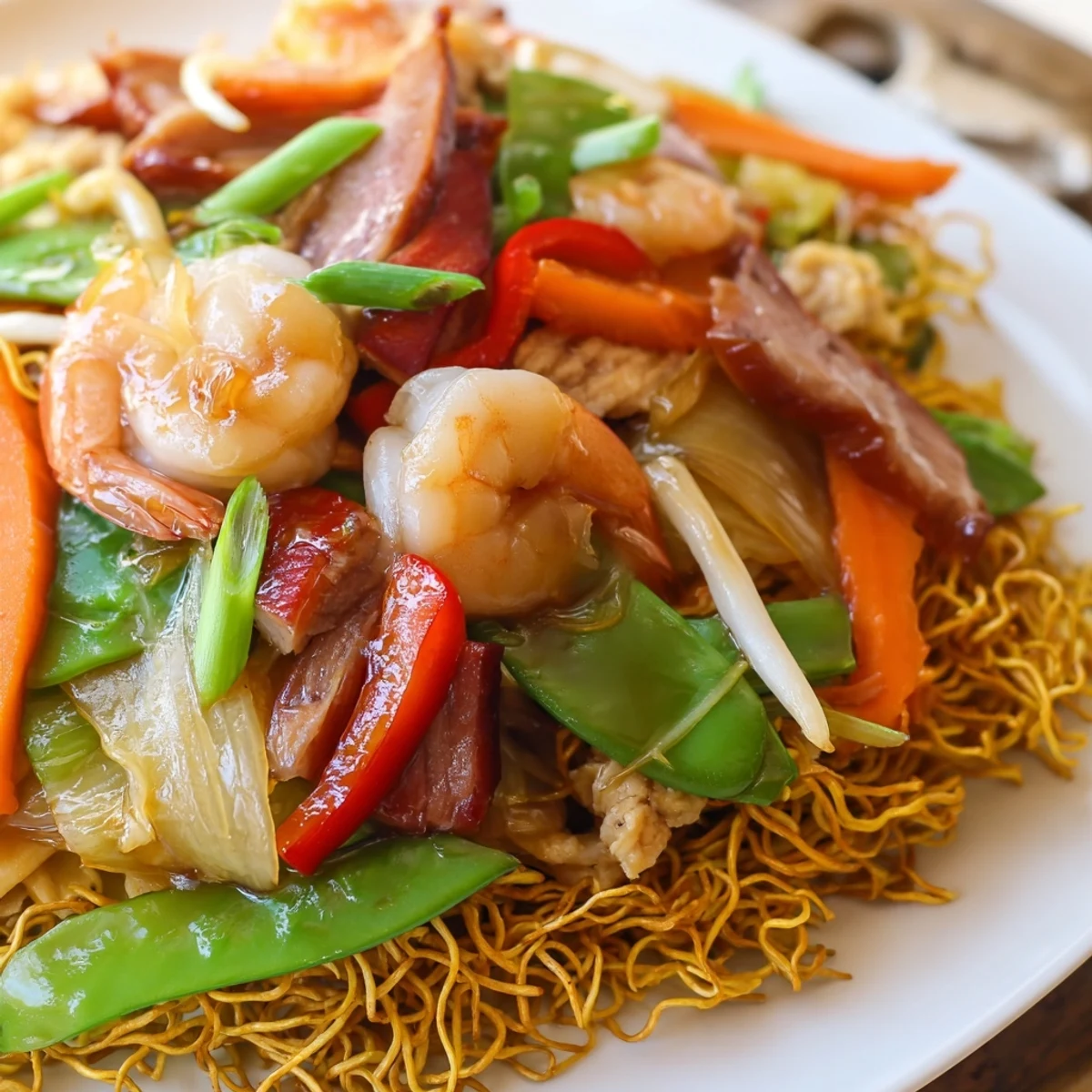 Crispy pan-fried noodles crowned with tender shrimp chicken and crisp vegetables in savory sauce