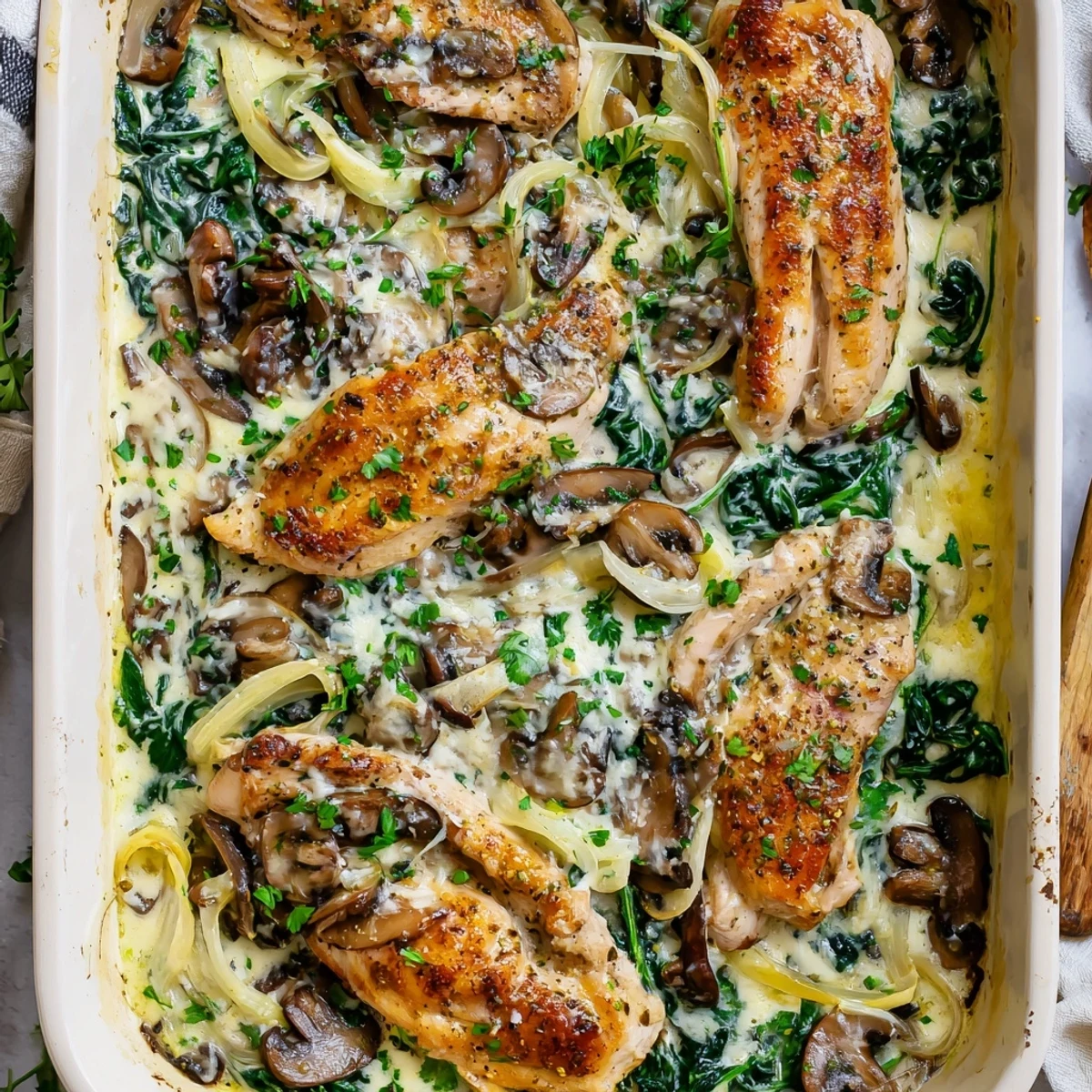 Golden baked low carb chicken spinach mushroom bake with bubbly melted mozzarella cheese topping