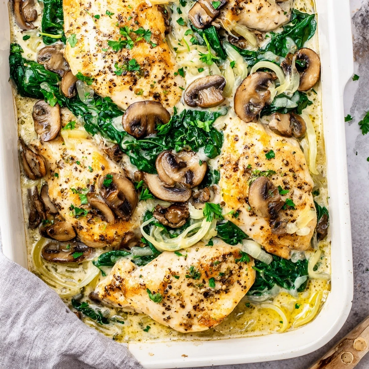 Creamy low carb chicken spinach mushroom bake casserole served fresh from the oven with parsley garnish