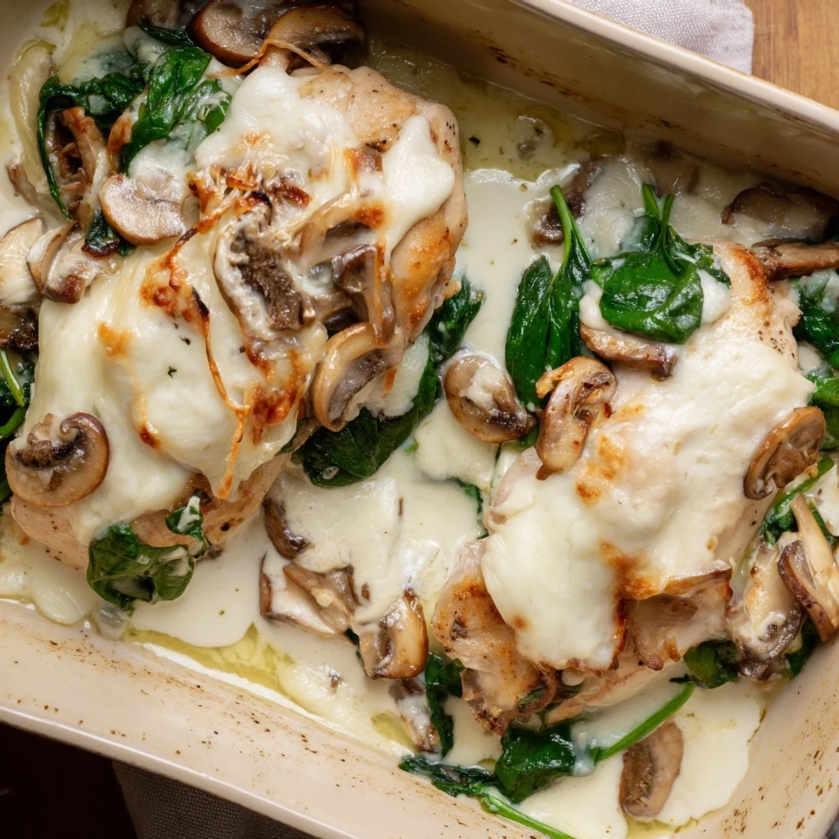 Golden bubbling low carb chicken spinach mushroom bake fresh from the oven with melted mozzarella
