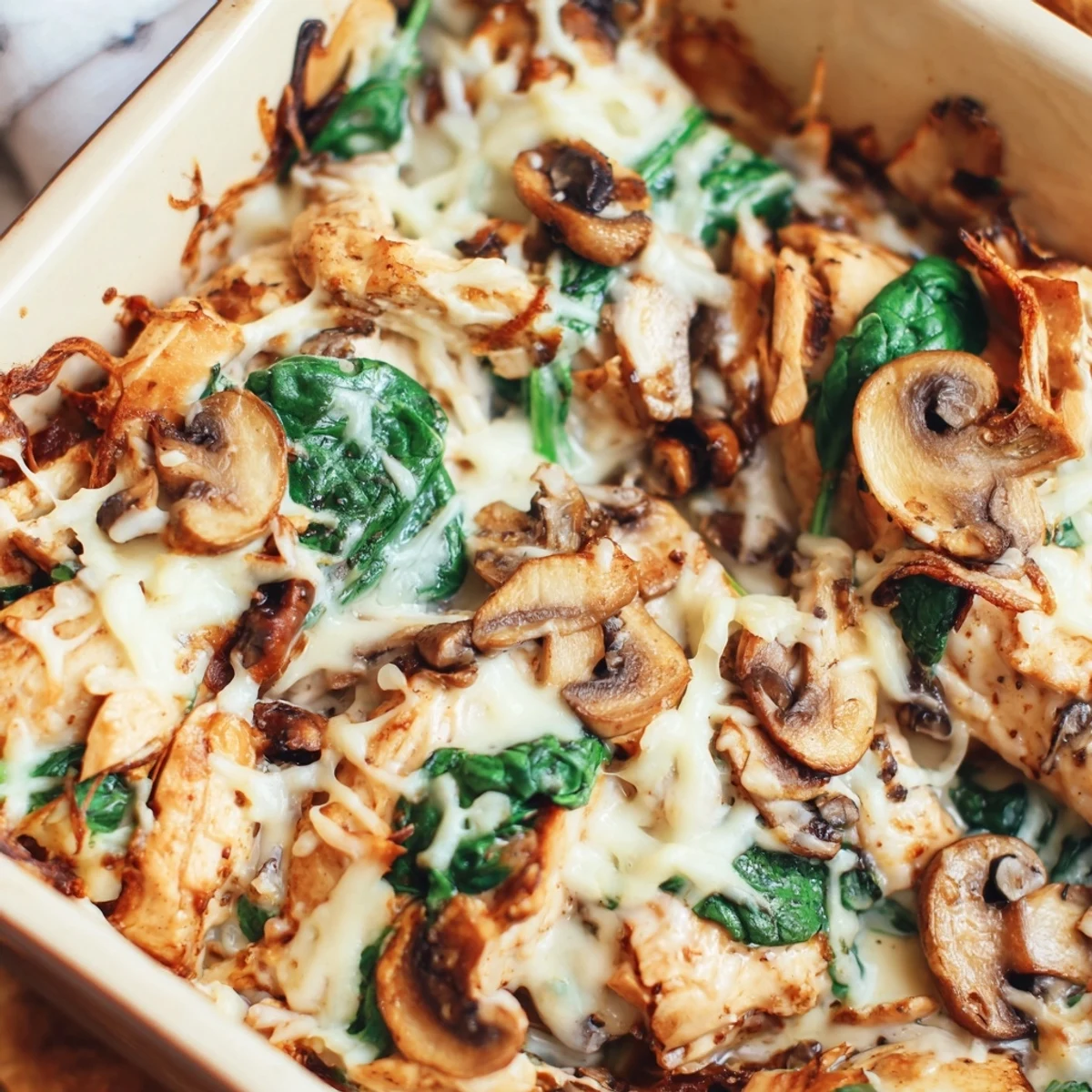 Creamy low carb chicken spinach mushroom bake casserole topped with golden brown cheese and sautéed vegetables