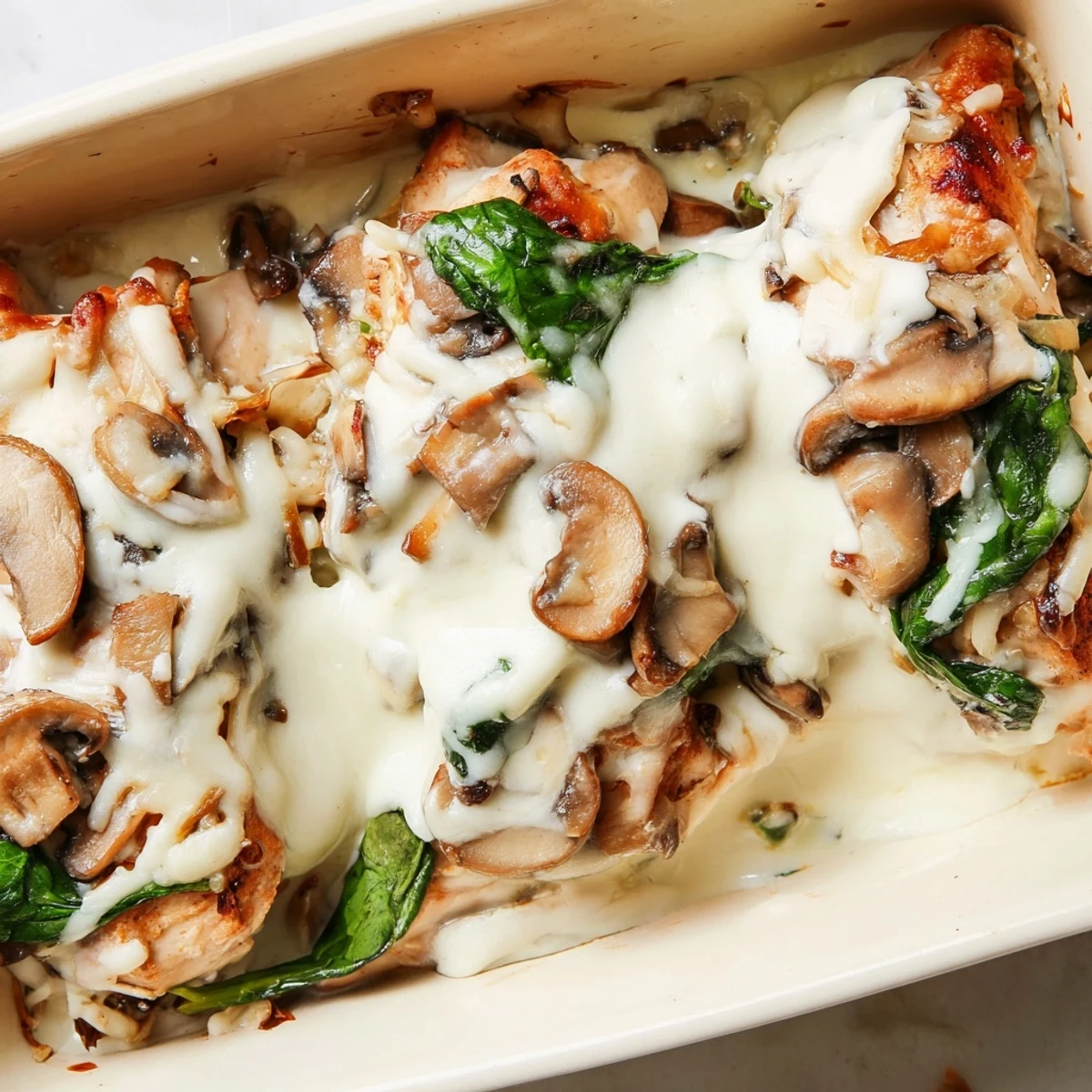 Savory baked low carb chicken spinach mushroom casserole served piping hot with rich cream sauce
