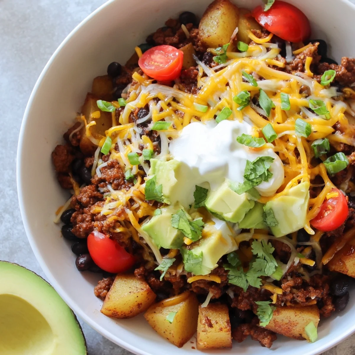 Layered Tex-Mex bowl featuring crispy diced potatoes, savory spiced beef, cheddar cheese, avocado slices, and vibrant tomatoes creating a satisfying ground beef potato taco bowl