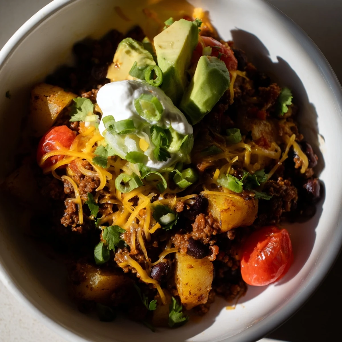 Golden roasted potatoes topped with seasoned ground beef and fresh colorful taco toppings in a hearty ground beef potato taco bowl