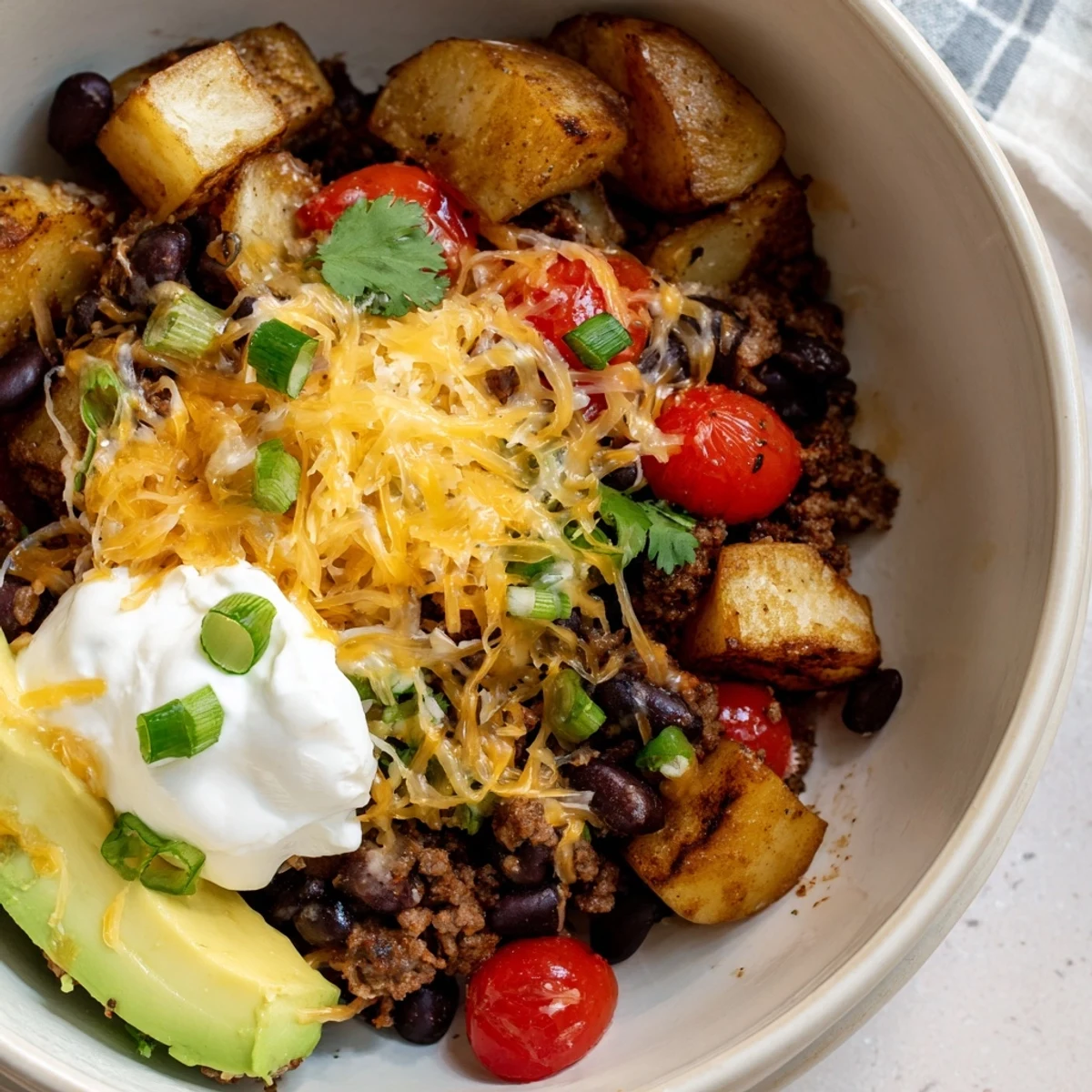 Comforting dinner bowl displaying roasted potato cubes, browned ground beef mixture with melted cheese and garnishes for a delicious ground beef potato taco bowl