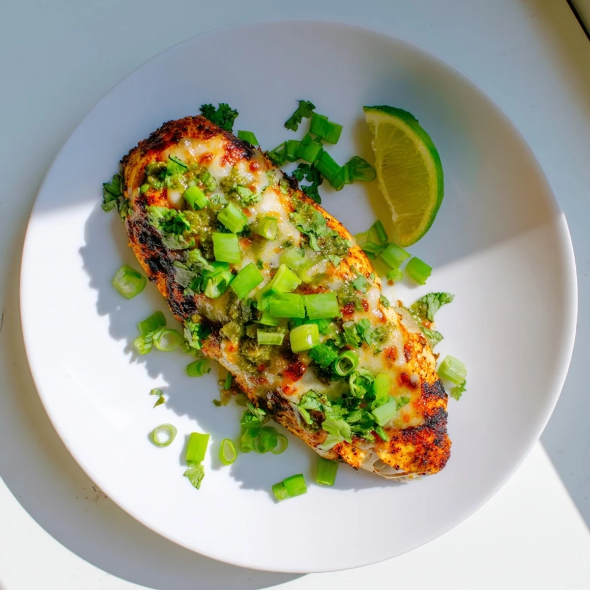 Golden grilled chicken breasts topped with melted pepper jack cheese and vibrant green salsa verde