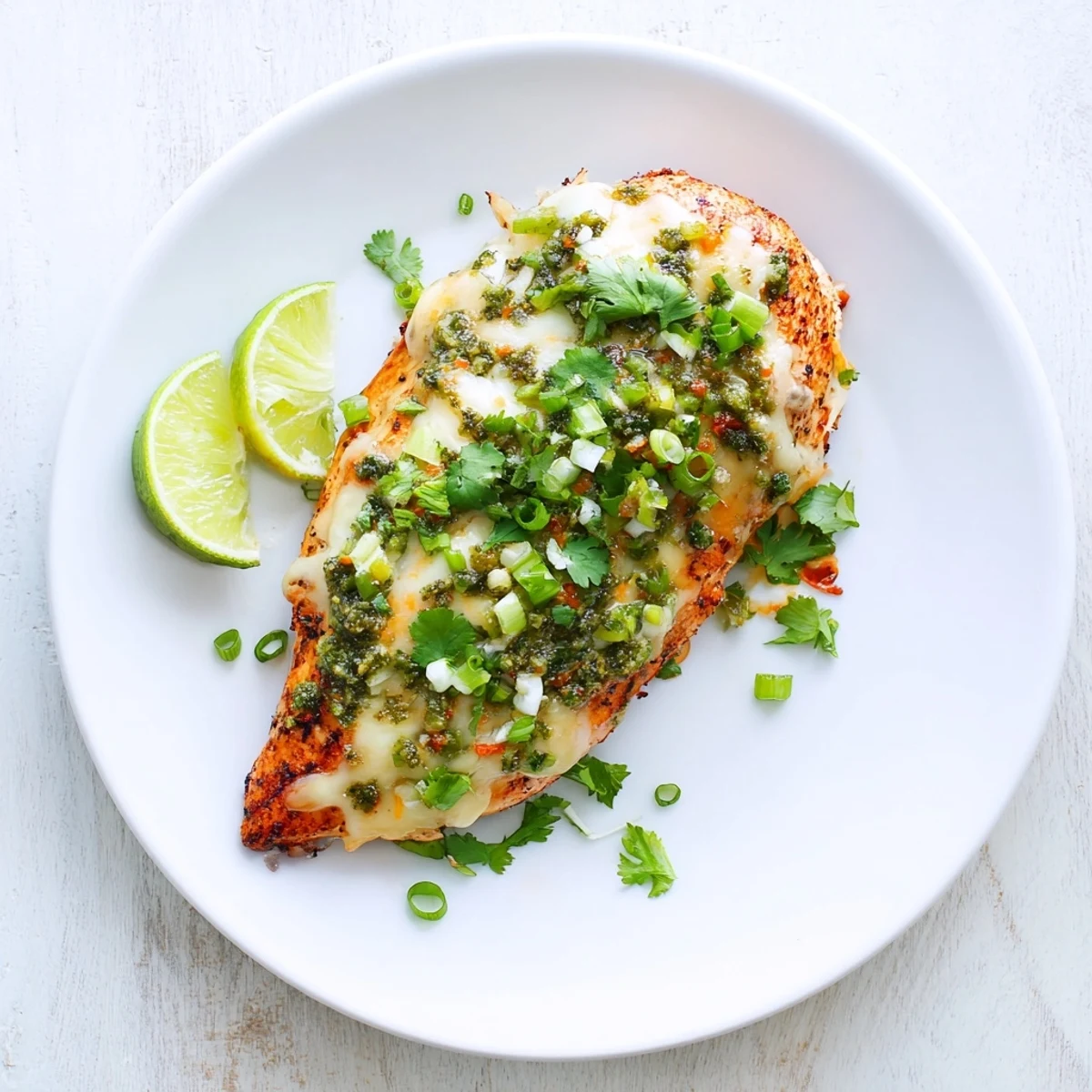 Sizzling grilled chicken featuring bubbling pepper jack cheese draped in tangy salsa verde and fresh lime