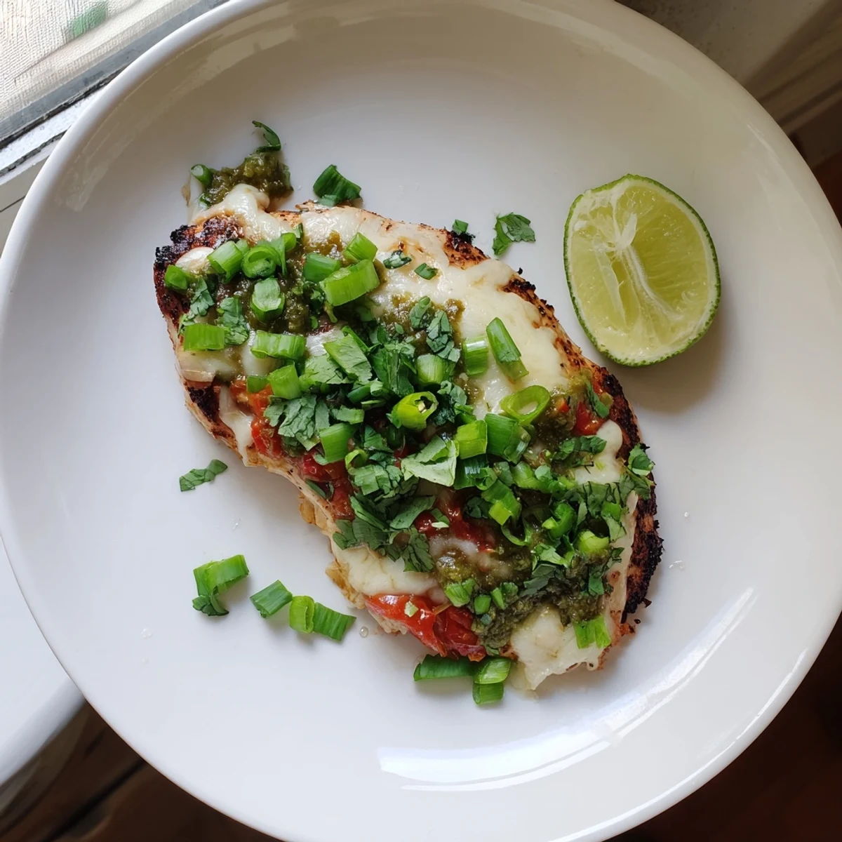 Zesty salsa verde pepper jack chicken fresh off the grill with garnishes of cilantro and green onions
