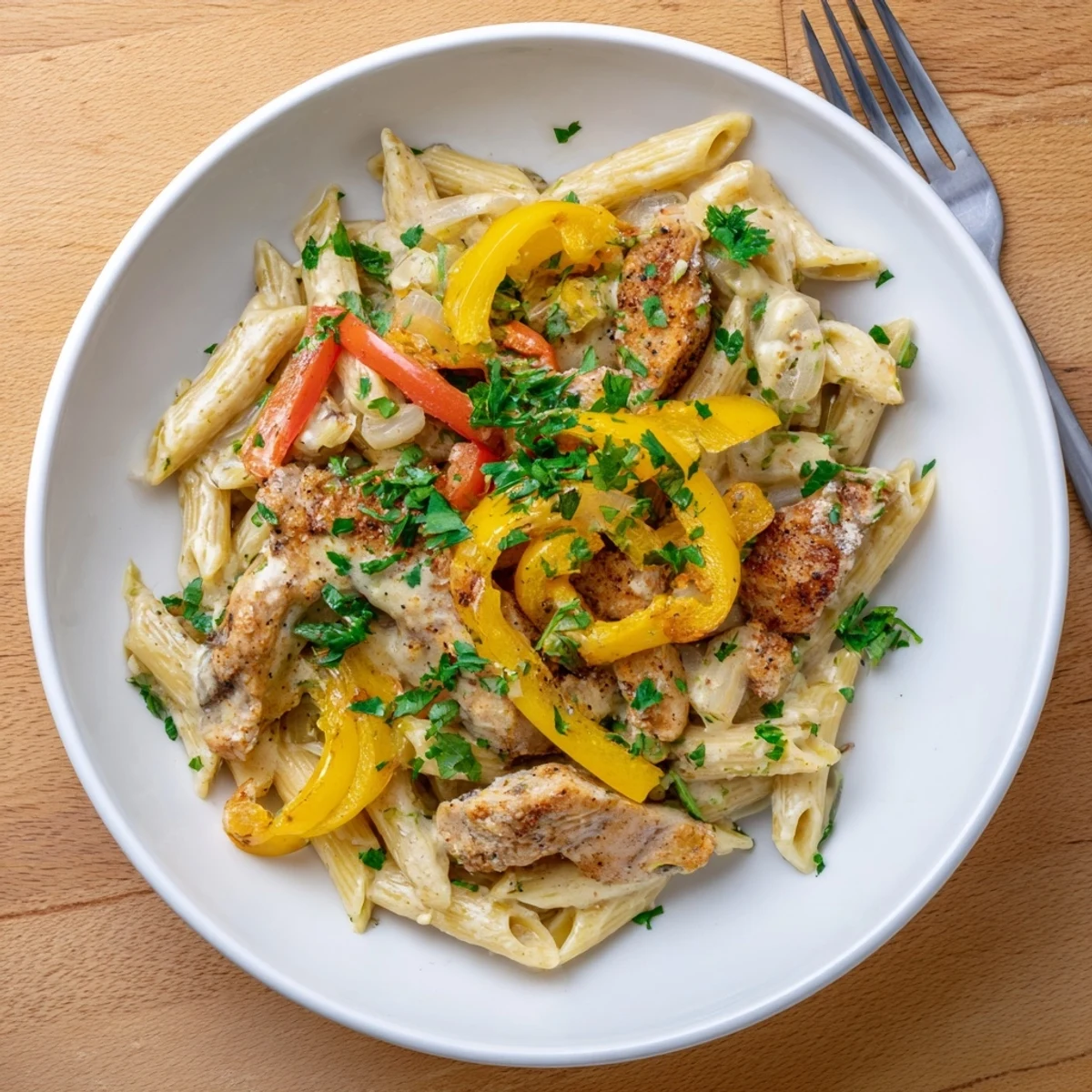 Golden brown Cajun-spiced chicken slices tossed with penne pasta in a rich, creamy white sauce with colorful bell pepper strips