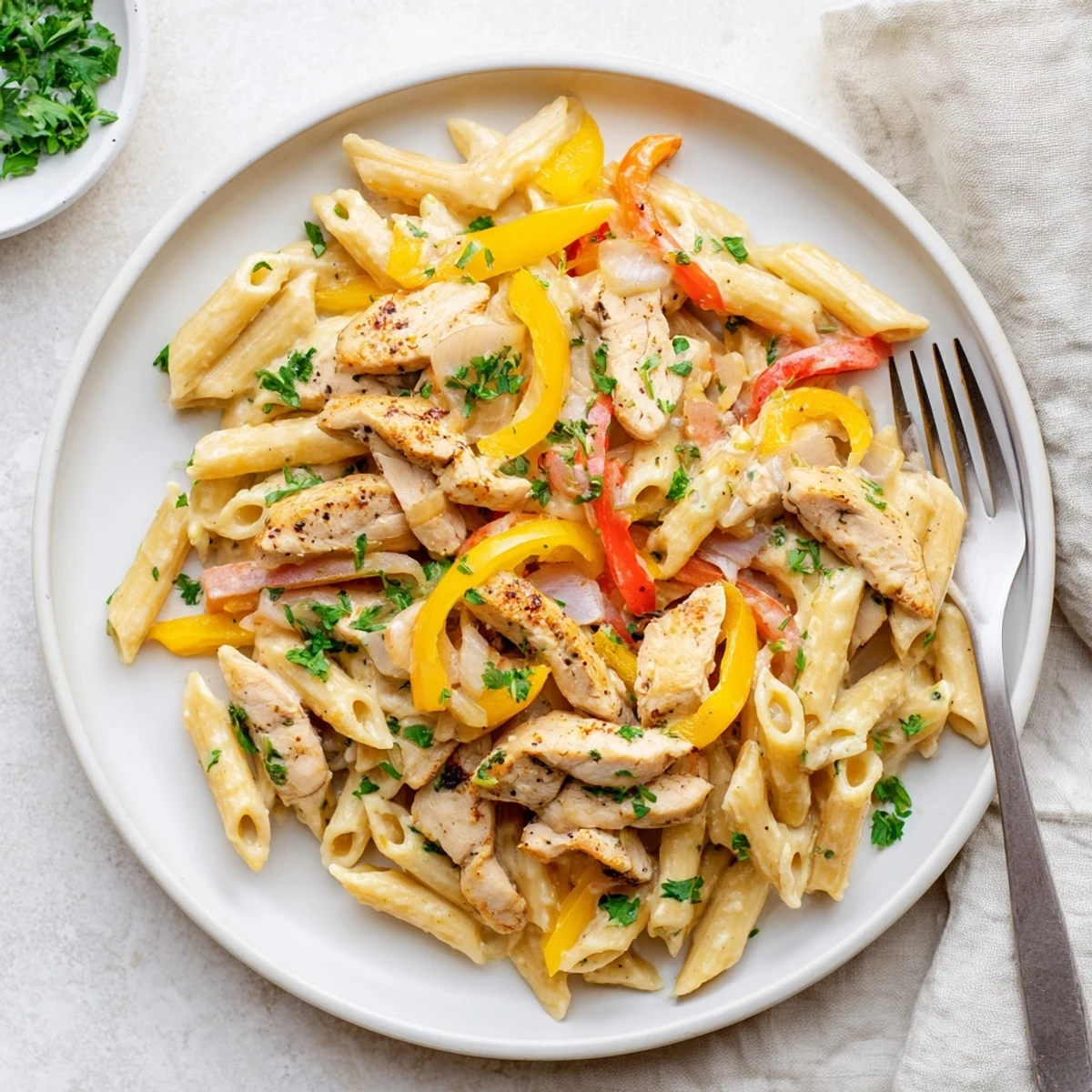 Steamy bowl of creamy Cajun chicken penne pasta garnished with fresh parsley and grated Parmesan cheese on a rustic wooden table
