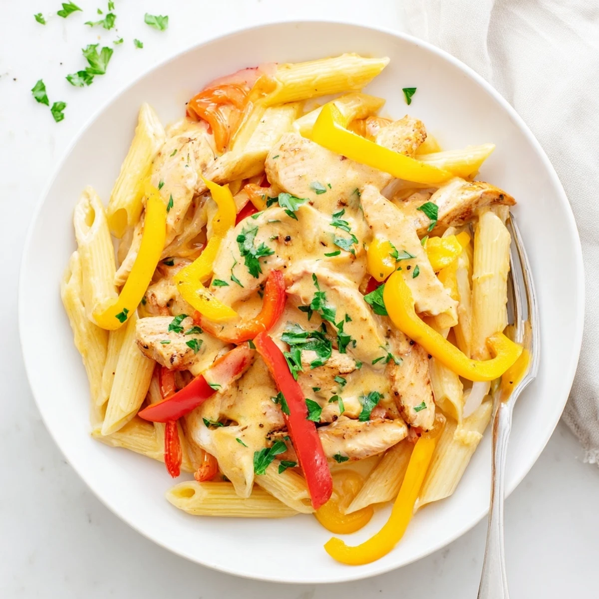 Close-up of tender spiced chicken penne pasta coated in a velvety cream sauce with red and yellow pepper bits