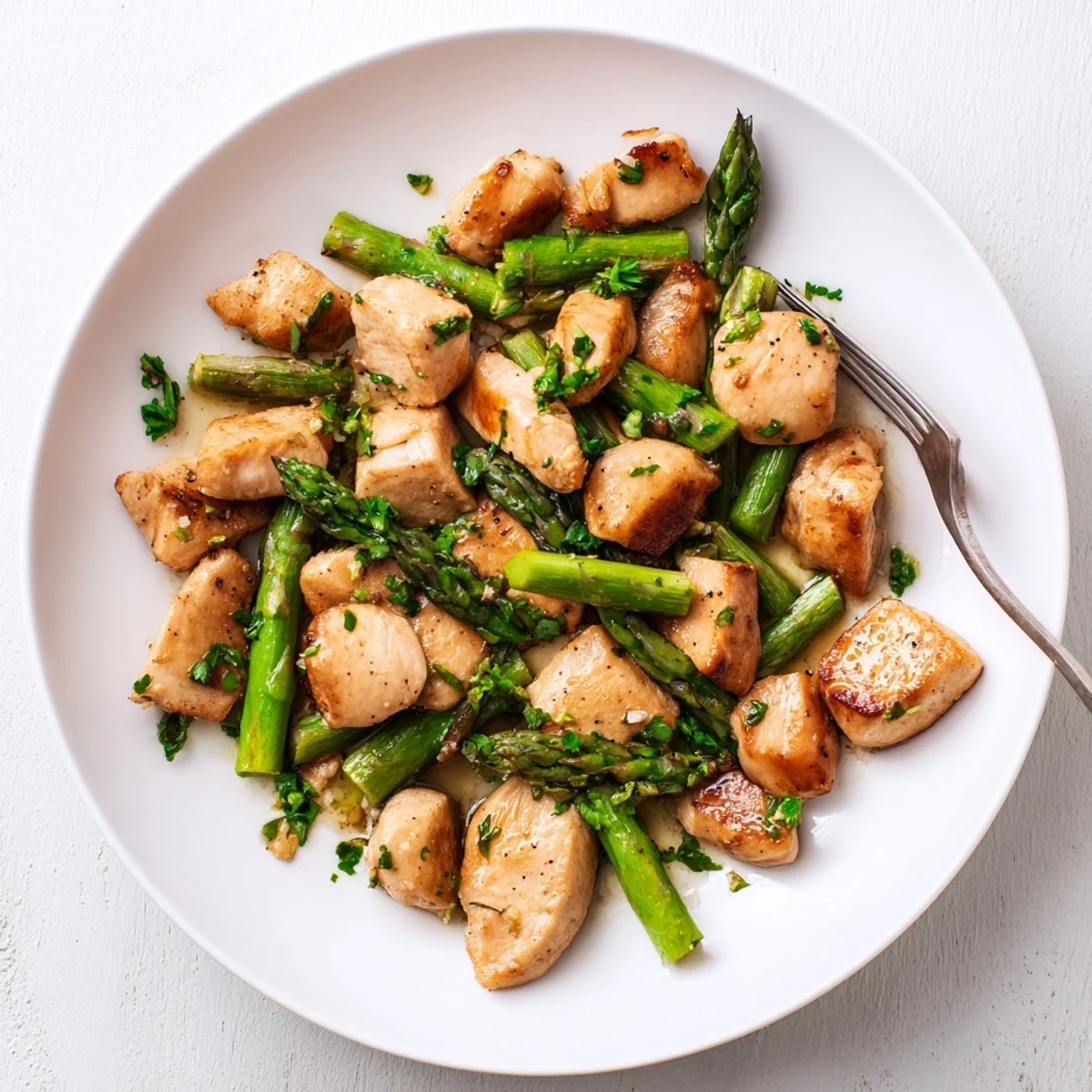 Golden brown garlic butter chicken bites paired with vibrant green asparagus in a skillet
