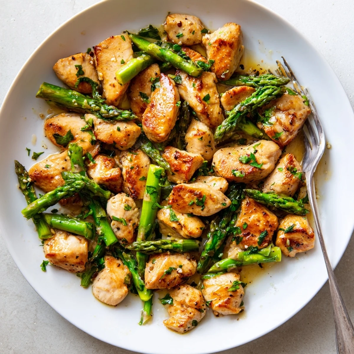 Succulent chicken pieces simmered in rich garlic butter sauce with crisp tender asparagus spears