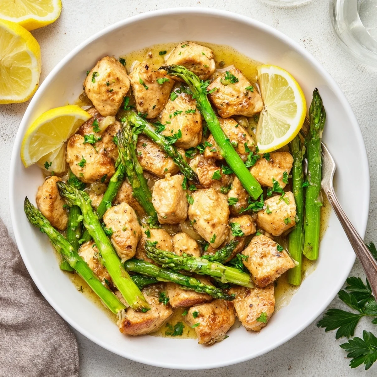 Golden chicken bites sizzle in garlic butter sauce alongside vibrant crisp asparagus pieces on a white plate