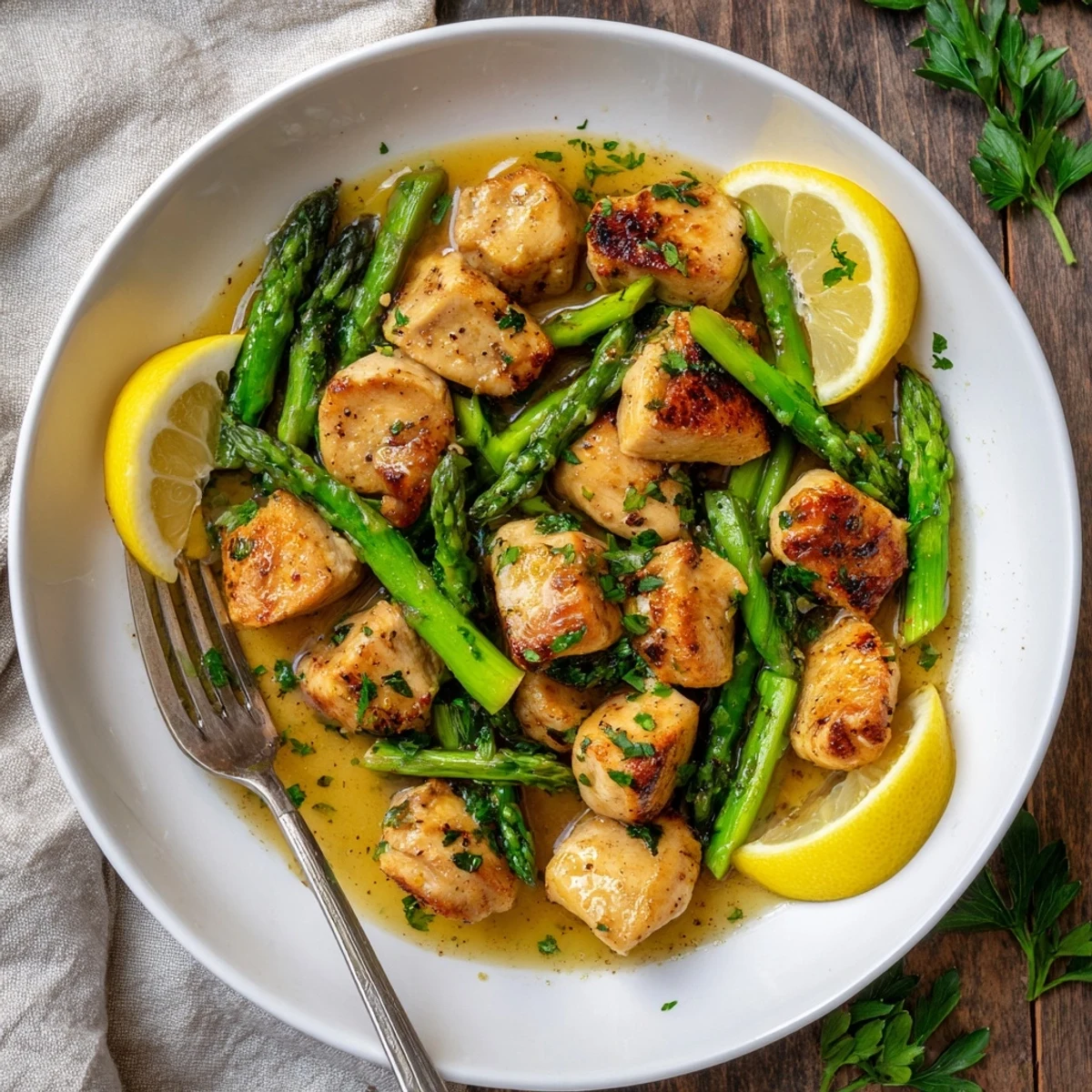 Tender garlic butter chicken bites with asparagus spears garnished with fresh parsley and lemon wedges