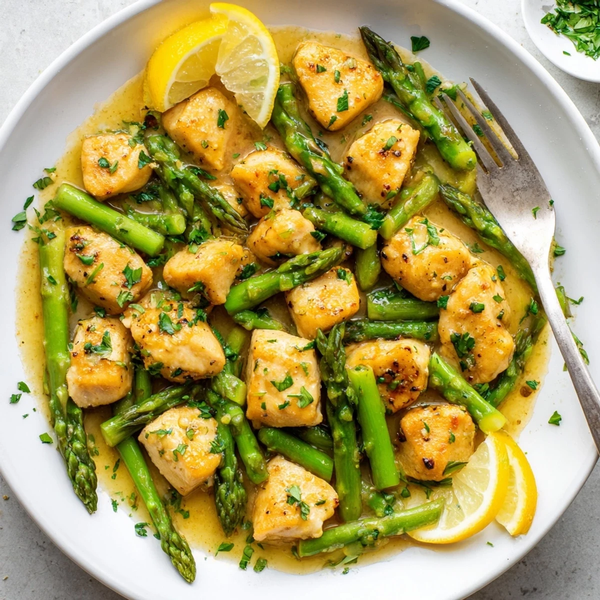 Weeknight dinner plate featuring succulent chicken bites and tender asparagus swimming in rich garlic butter sauce
