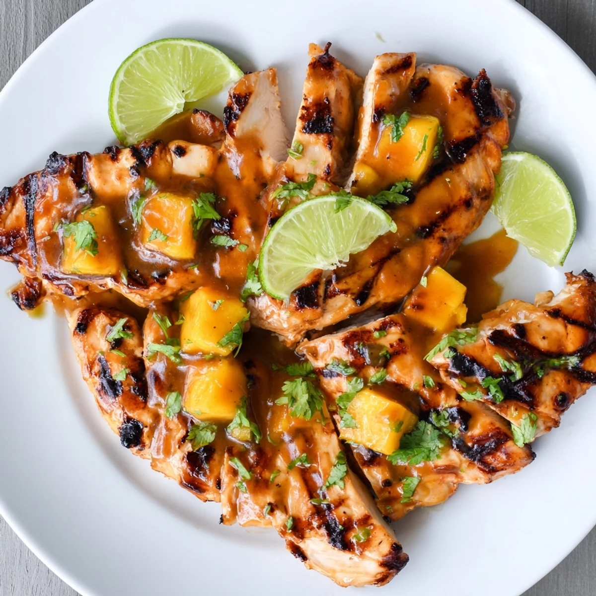 Juicy chicken pieces sizzling on the grill with caramelized mango sauce and charred grill marks