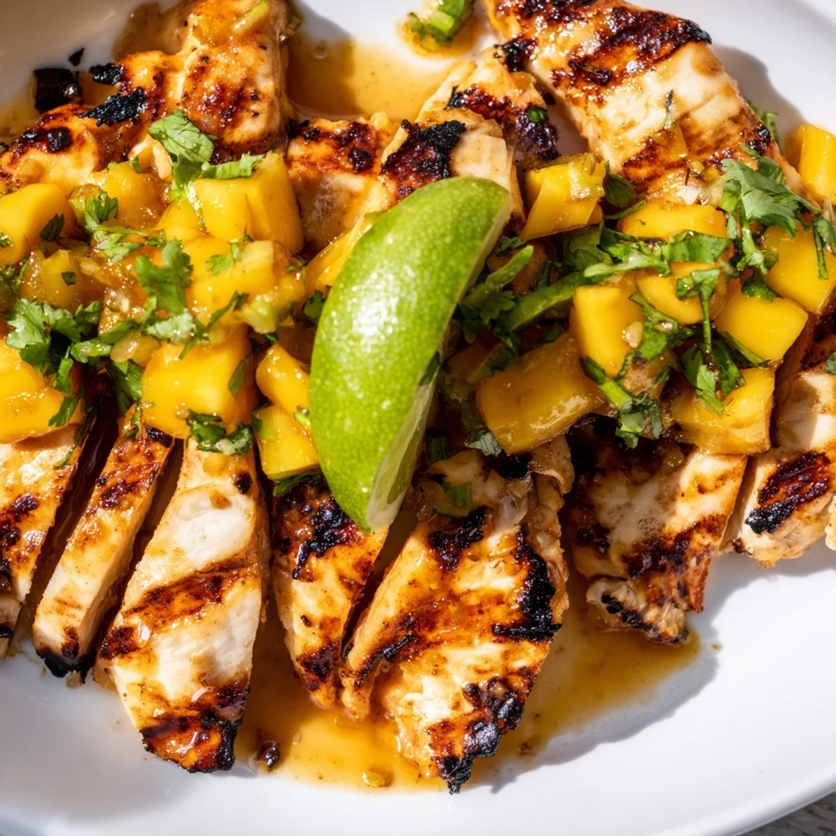 Golden grilled mango chicken breasts glazed with sweet tropical marinade and garnished with fresh cilantro