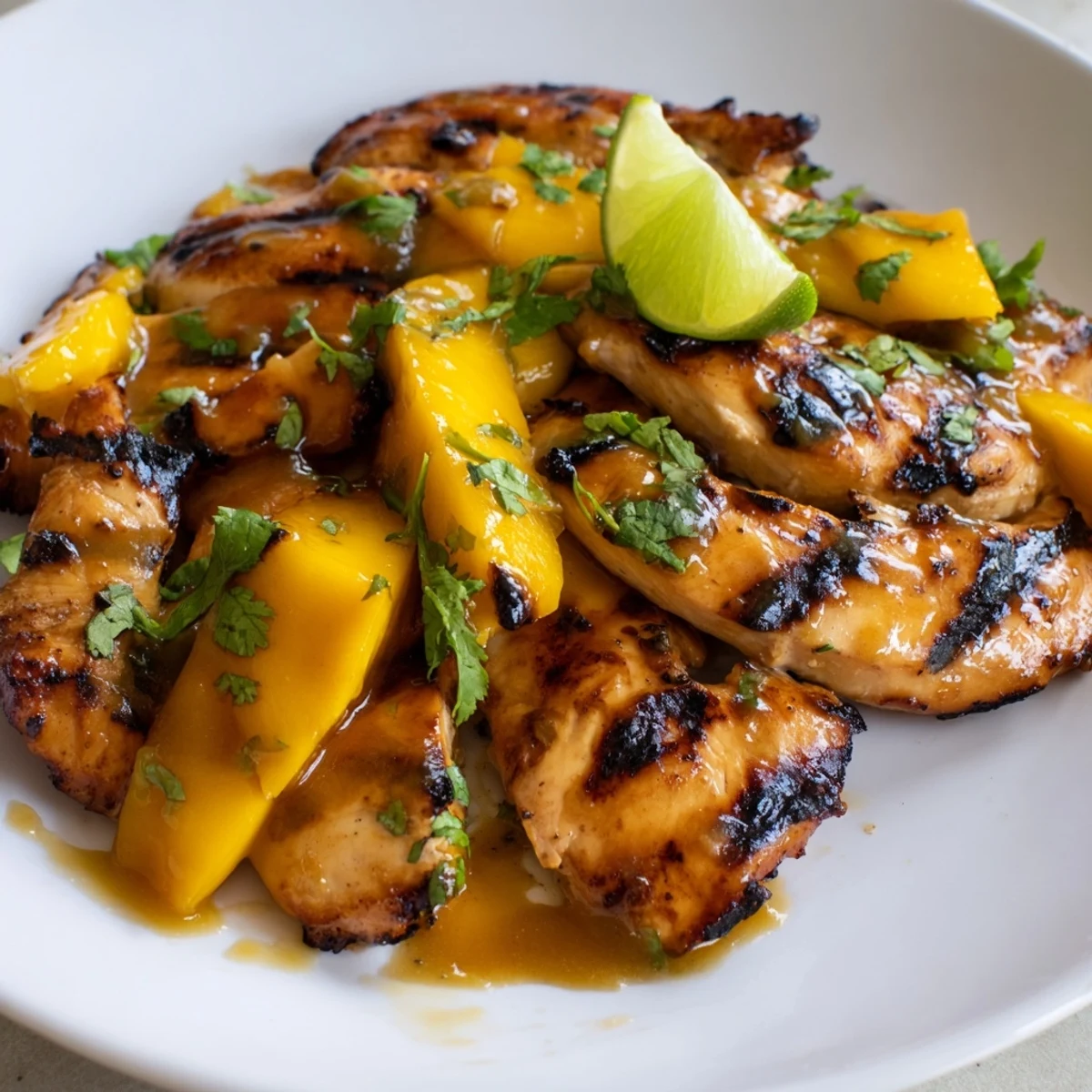 Sliced grilled mango chicken plated with lime wedges and sprinkled with chopped green cilantro