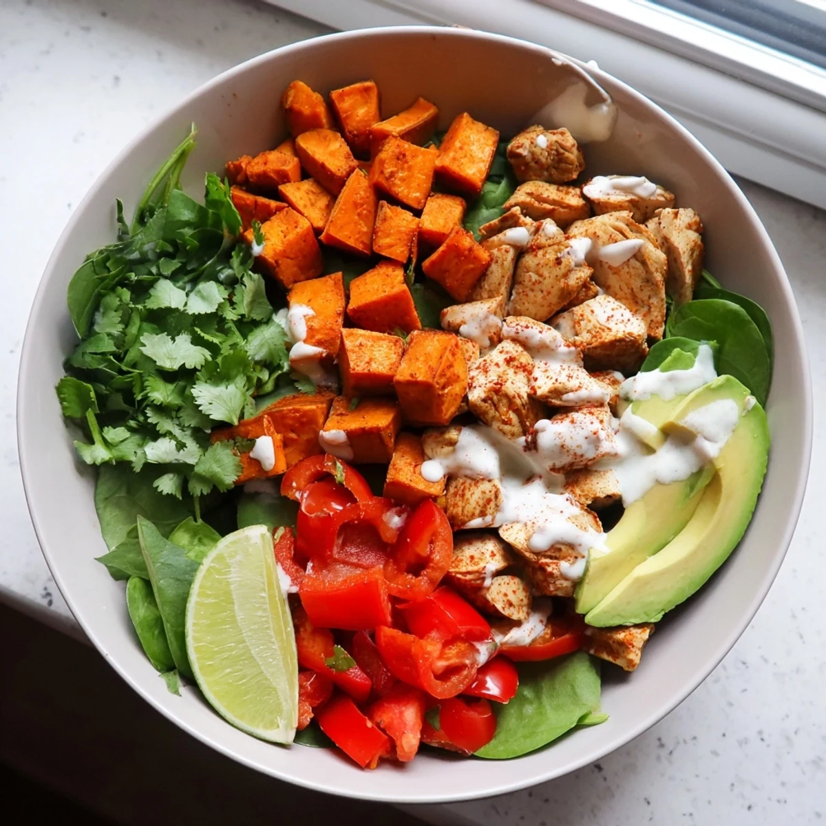 Colorful meal prep container displaying roasted chicken breast with cubed sweet potatoes and fresh vegetables