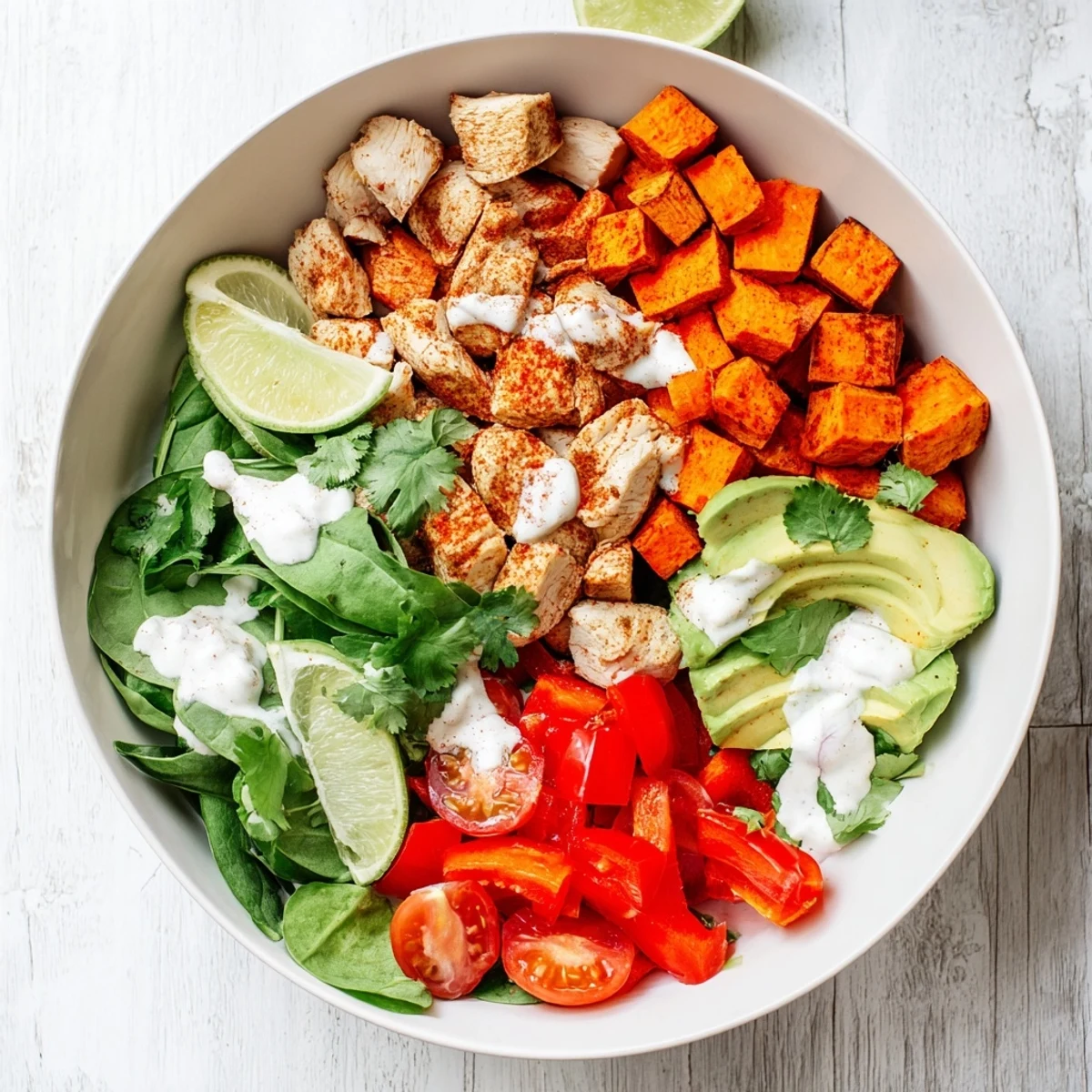 Healthy chicken sweet potato bowl arranged with avocado slices spinach cherry tomatoes and zesty lime garnish