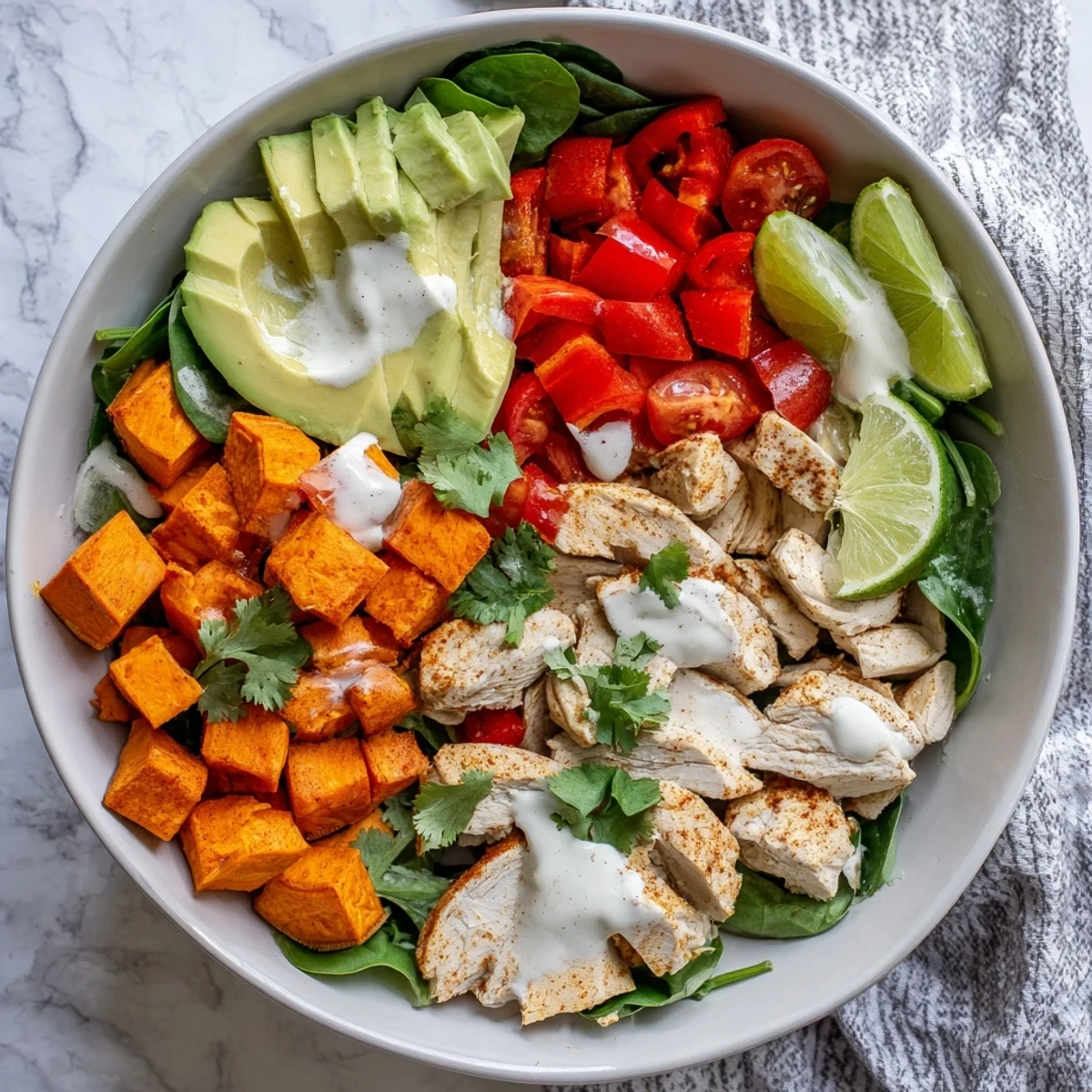 Nourishing gluten-free bowl featuring spiced roasted chicken beside tender sweet potatoes and vibrant bell pepper strips