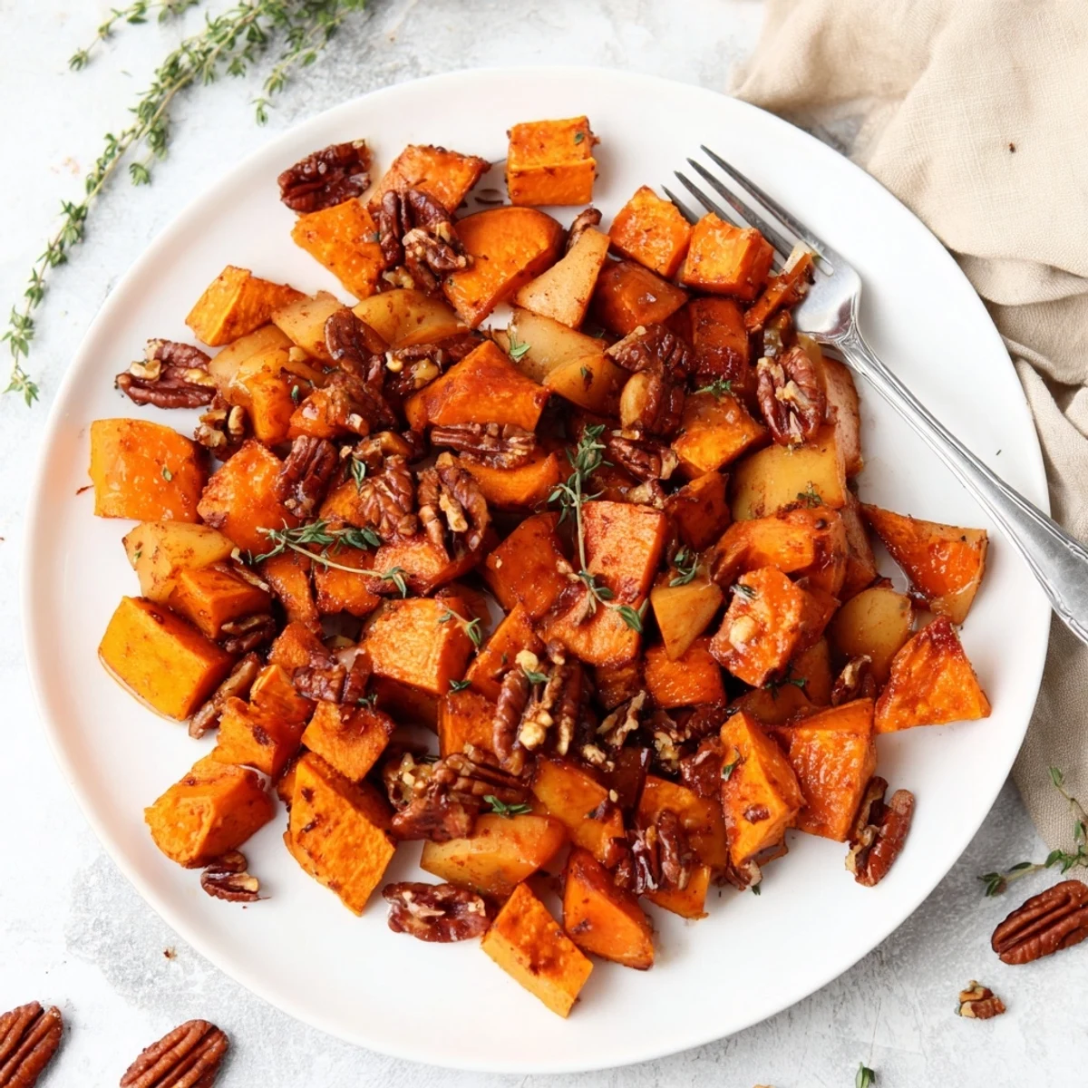Comforting side dish featuring tender sweet potato cubes and caramelized apple chunks
