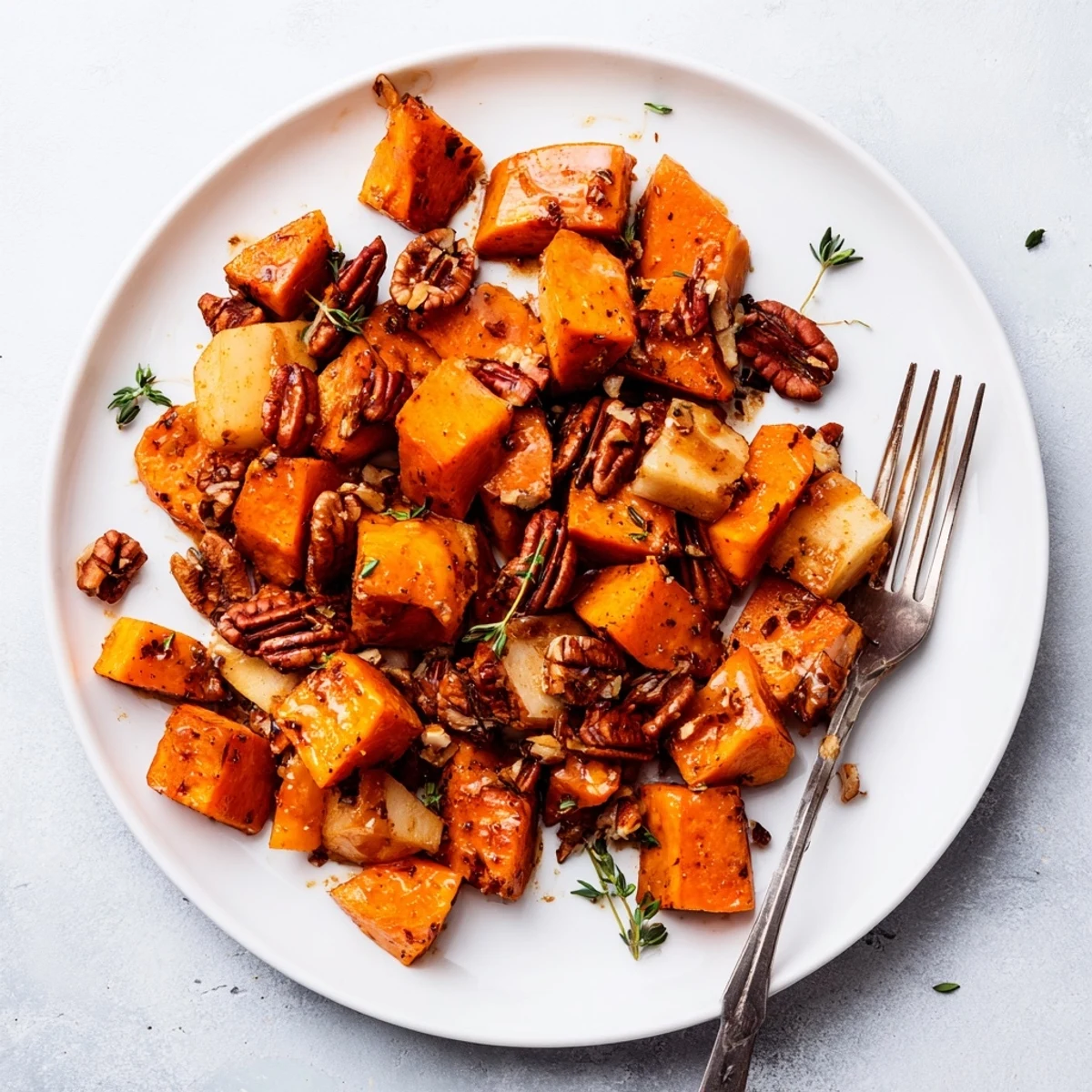 Golden roasted sweet potatoes and apples glistening with warm cinnamon maple glaze