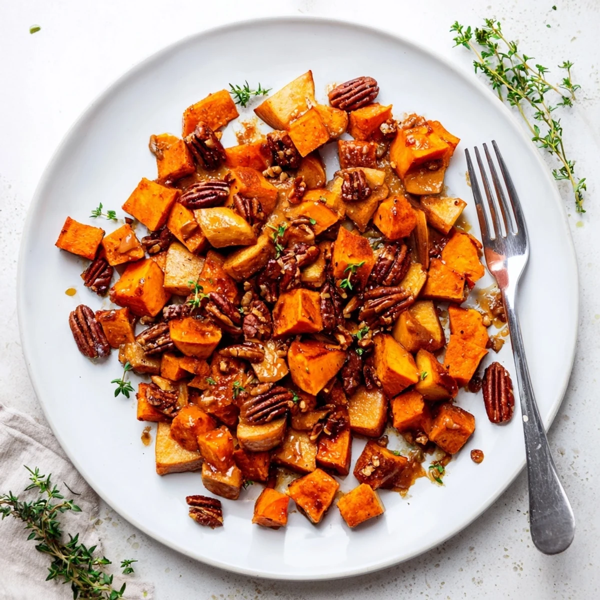 Autumn roasted sweet potatoes and apples in a glossy maple cinnamon coating