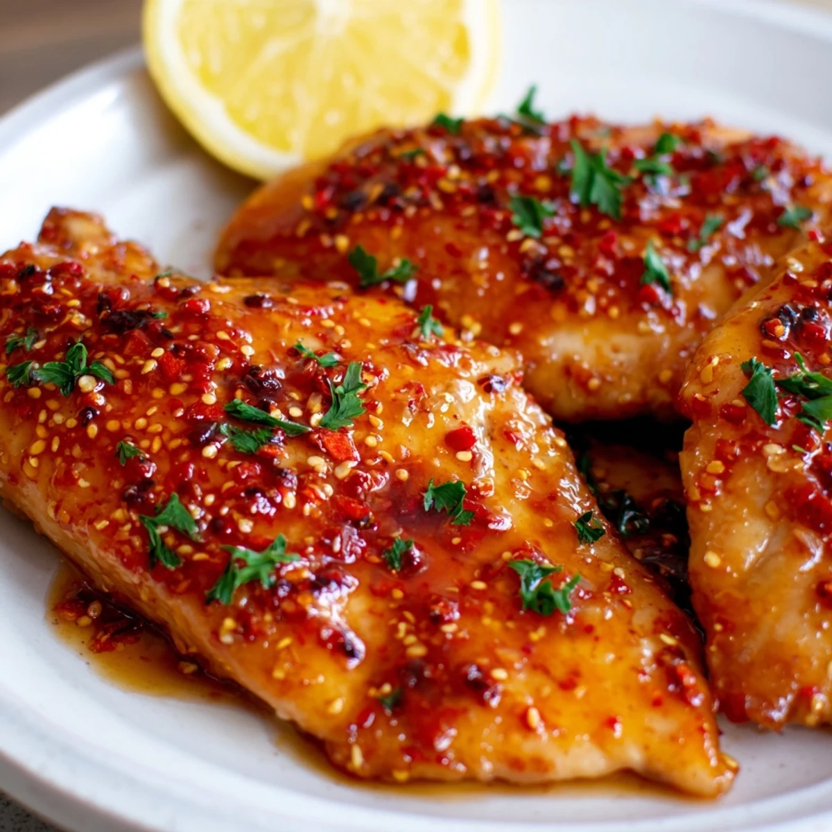 Golden seared chicken breasts glazed in spicy sweet Diablo sauce with honey mustard