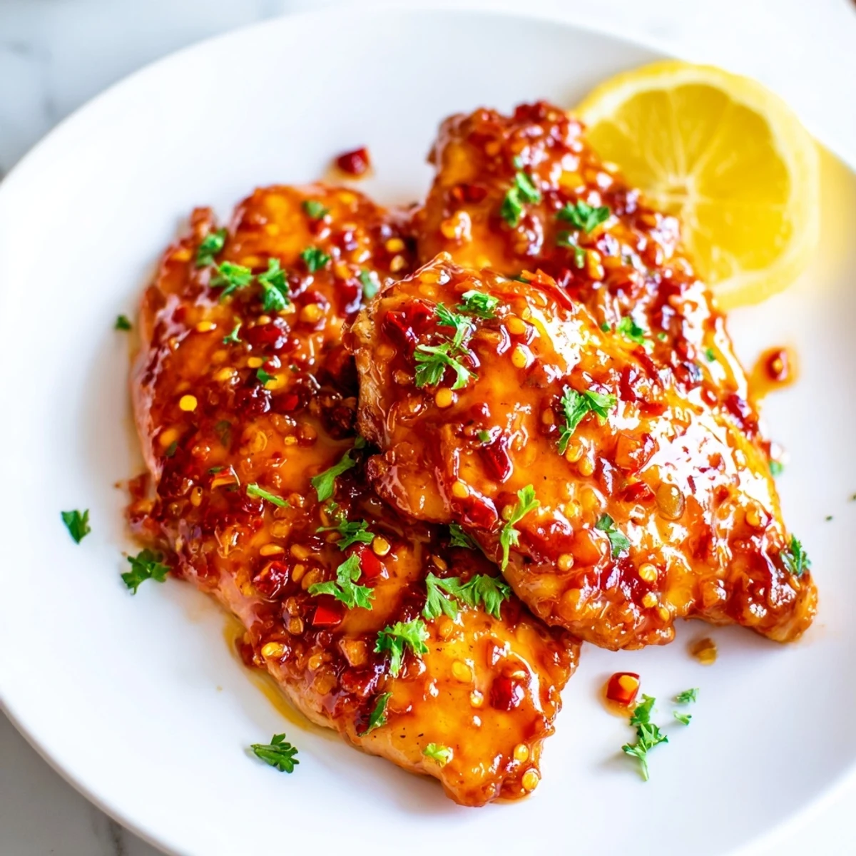 Spicy Chicken Diablo with caramelized edges served on white plate with fresh parsley garnish