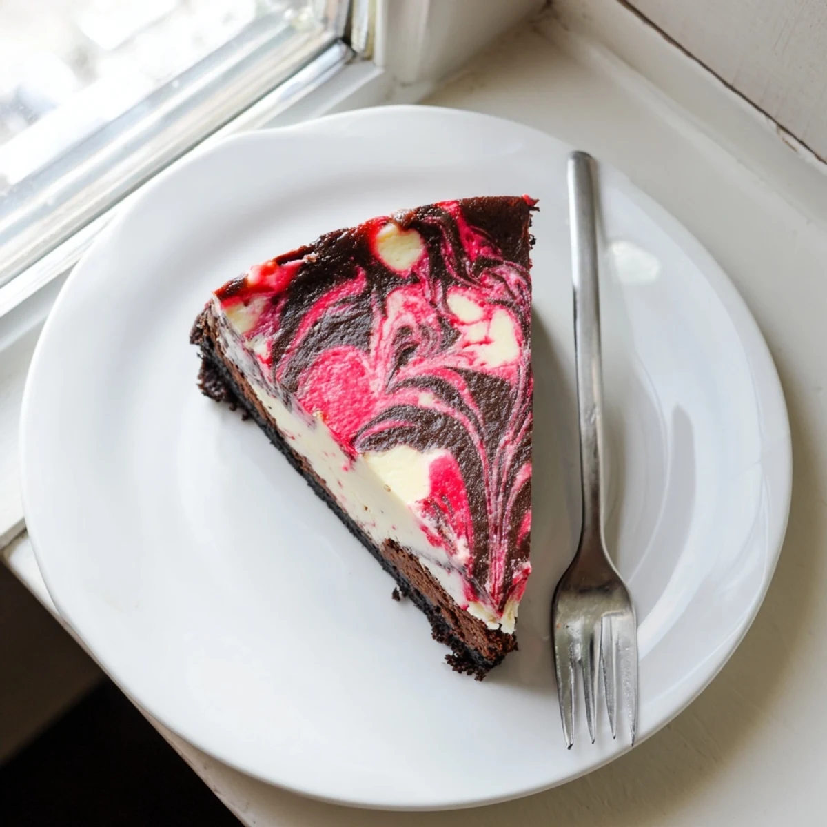 Decadent chocolate strawberry swirl cheesecake with ripe red berry ribbons and dark chocolate marbling
