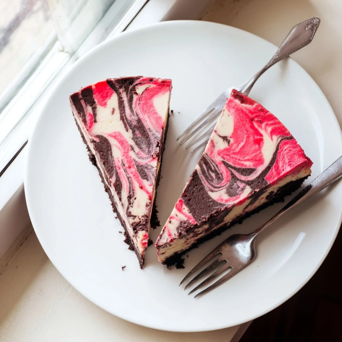 Creamy homemade cheesecake featuring luscious strawberry swirls and rich chocolate layer on chocolate crumb crust