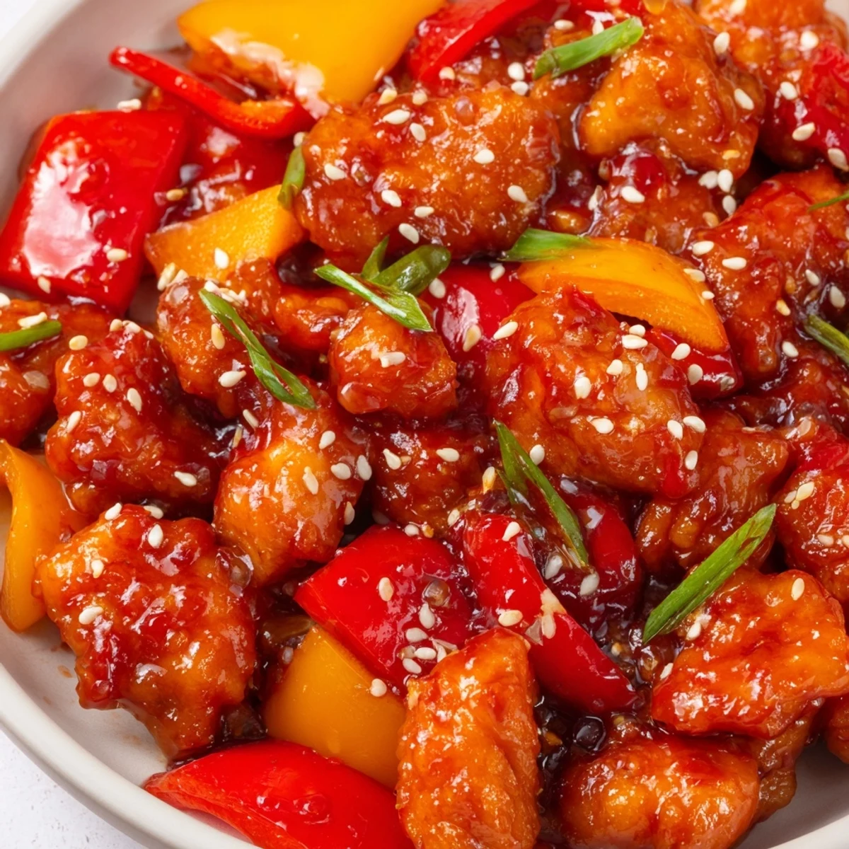 Golden brown spicy dragon chicken pieces coated in sticky red sauce with colorful bell pepper slices