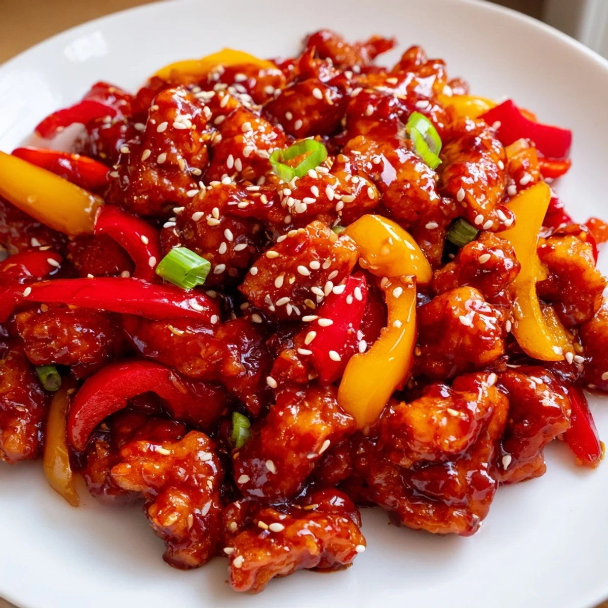 Sizzling spicy dragon chicken stir-fry featuring caramelized chicken in a sweet and spicy red glaze
