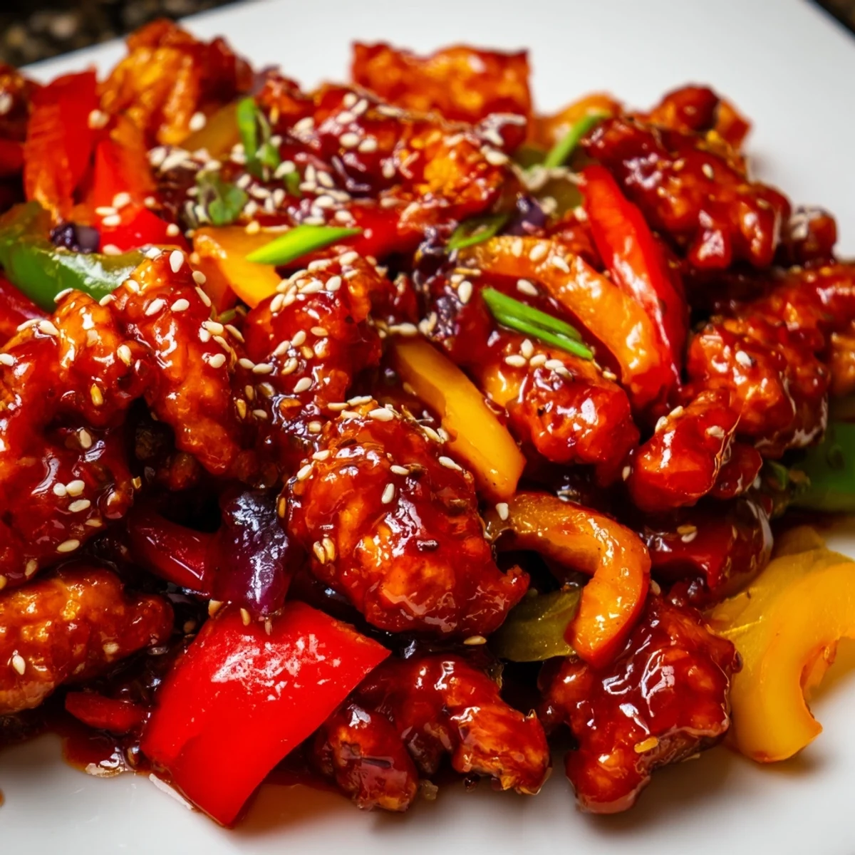 Tender spicy dragon chicken glazed with fiery chili sauce and garnished with fresh green onions