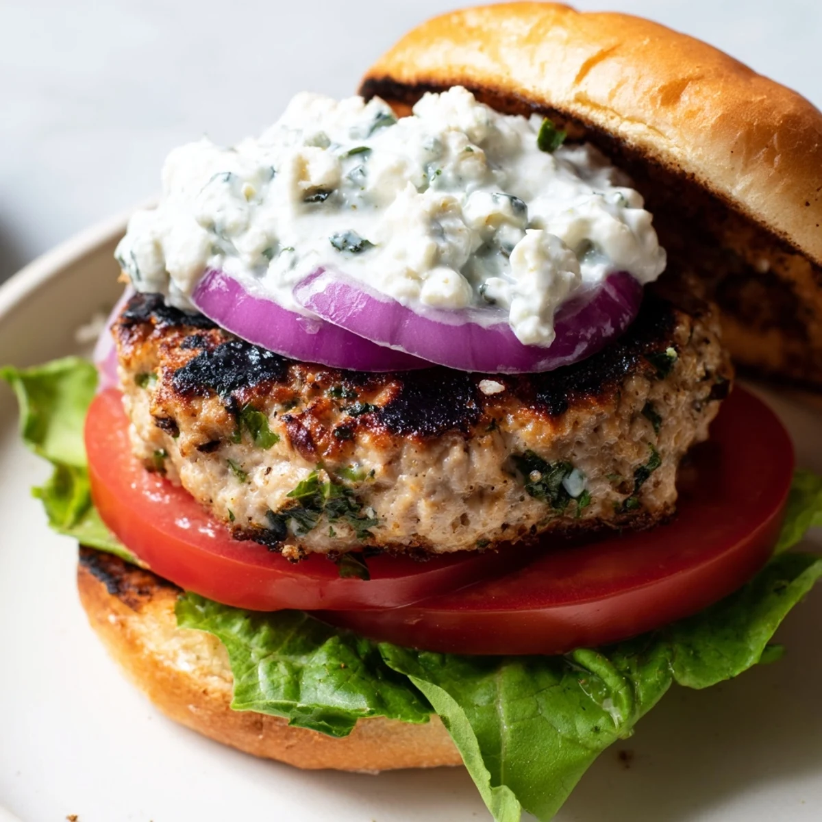 Golden brown Greek chicken burgers topped with creamy tzatziki sauce and fresh vegetables on toasted buns