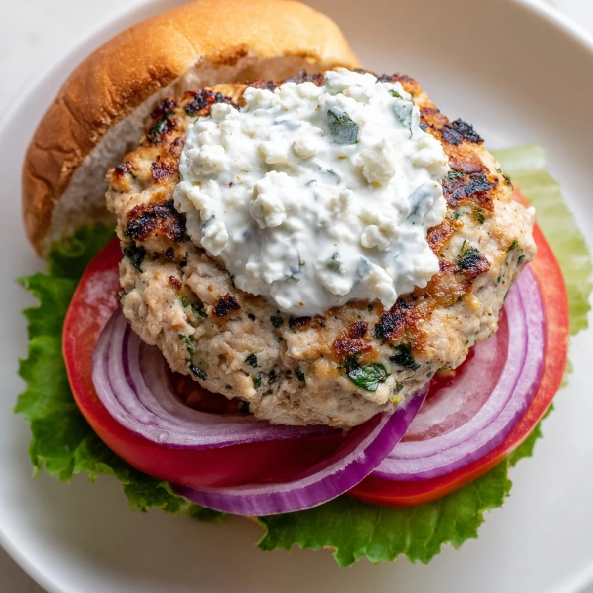 Juicy grilled chicken patties infused with Mediterranean herbs and feta, stacked with crisp lettuce and tangy yogurt sauce
