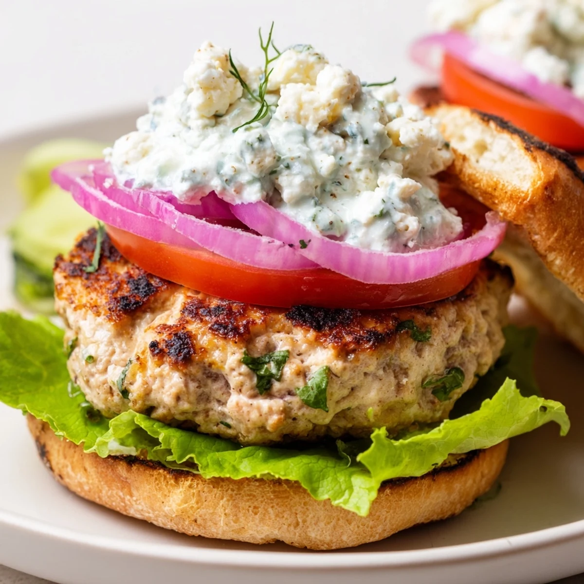 Homemade Greek chicken burgers featuring zesty tzatziki, sliced tomatoes, red onion, and cucumber on warm bakery buns